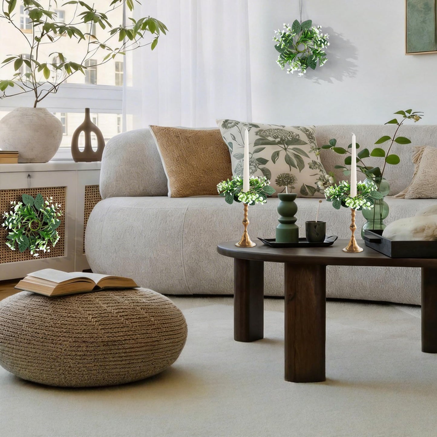 6 PCS Eucalyptus Taper Candle Rings Wreaths 1.38" Mini Spring Summer Floral Taper Candle Holder Wreaths Artificial Greenery Leaves Table Centerpieces Wreath for Farmhouse Home Candlesticks Decor