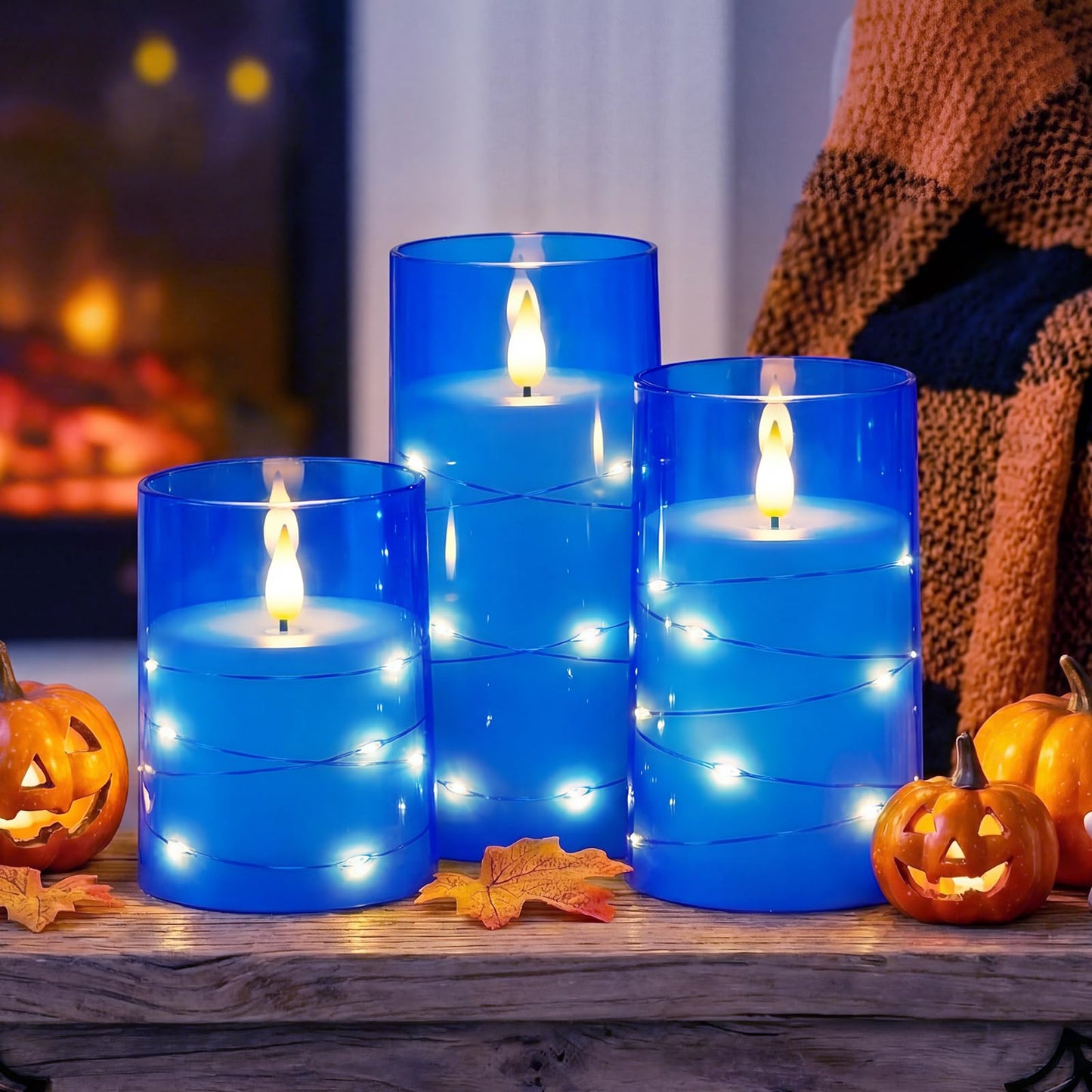 Homemory Flameless Candles with Embedded Star String Fairy Lights, Battery Operated Candles, LED Candle, Fake Candles with Remote Control and Timer, Blue, Set of 3(H 4" 5" 6”)