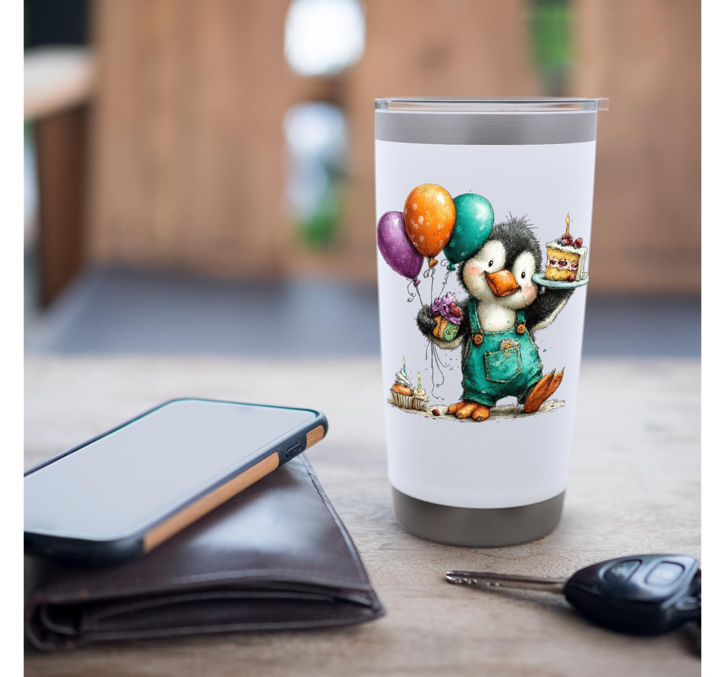Cute Penguin Birthday Cake Balloons Celebration Stainless Steel Insulated Tumbler