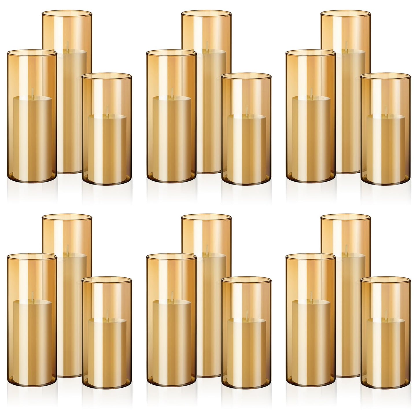 Shihanee 36 Pcs Pillar Candles and Glass Cylinder Vases Tall Cylinder Holders for Pillar Candles Wedding Centerpieces, Total 18 Sets(2.6'' X 4.7'', 5.9'', 7.9'',Amble,Ivory)