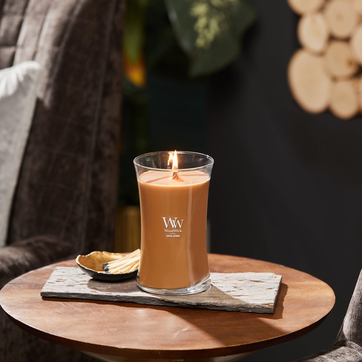 WoodWick Large Hourglass Candle Santal Myrrh - Premium Soy Blend Wax Pluswick Innovation Wood Wick Made in USA