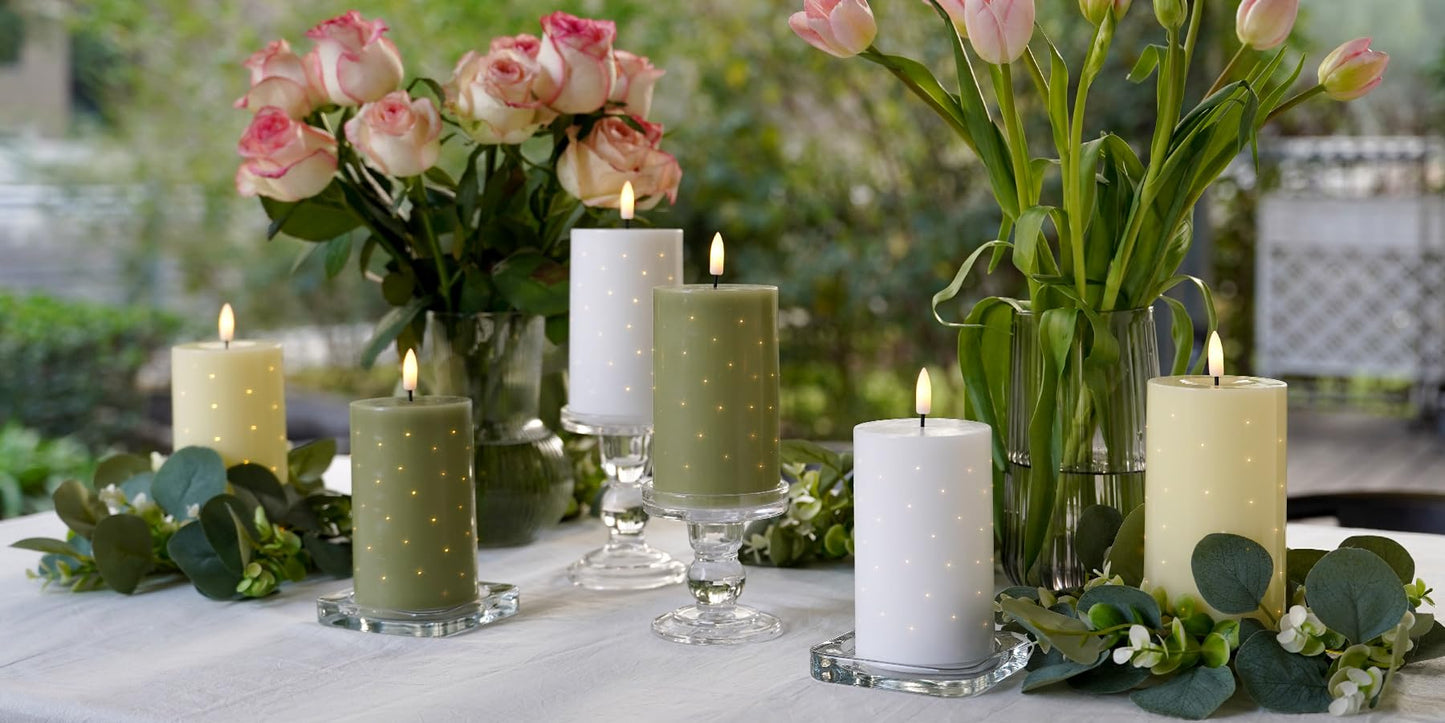 Rhytsing Sage Green Fiber Optic Real Wax Flameless Candles with Remote, Battery Operated Decorative Pillar Candles for Spring and Summer, Christmas Gift Set with Batteries, H 5 inches - Set of 2