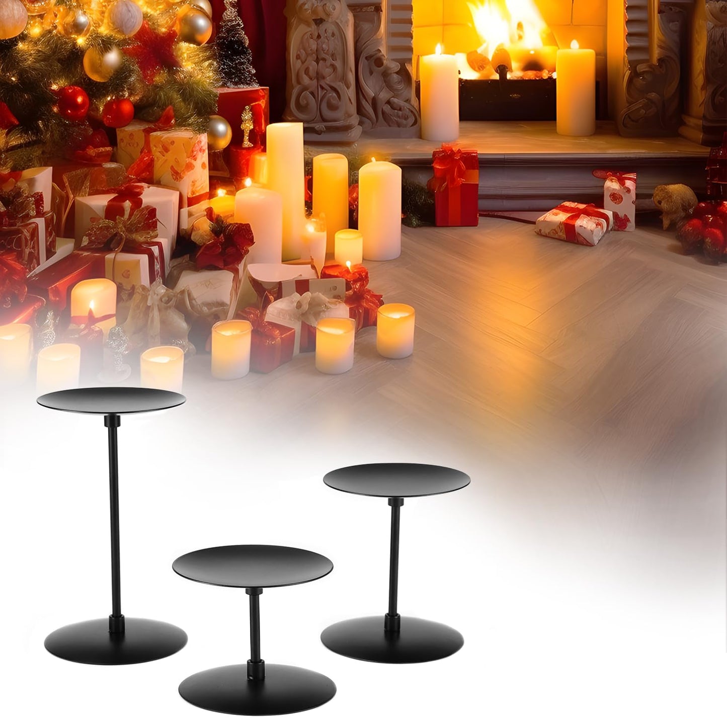 QWORK Elegant Black 3 Pillar Candle Holders Stand, Sturdy Metal Wrought Iron Centerpieces with Matte Finish, 2 Set