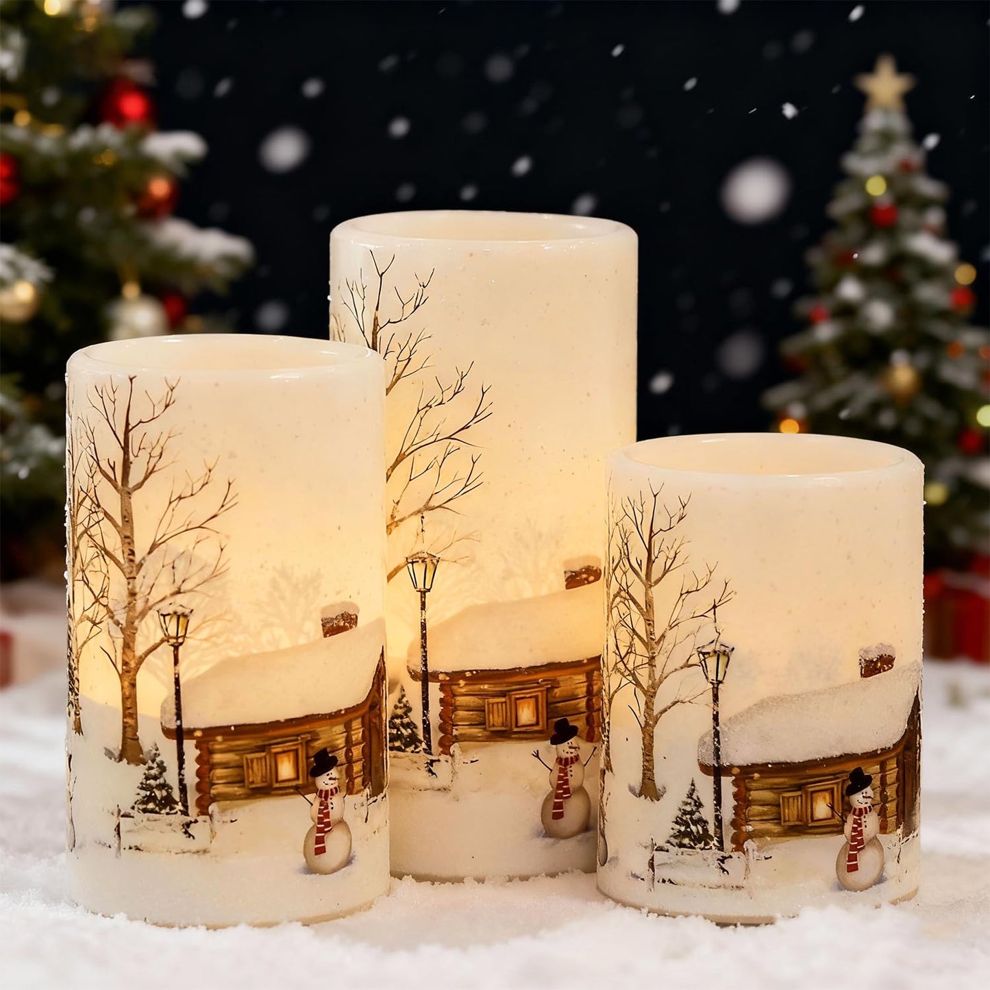Lasumora Snowman Christmas Flameless Candles with 6H Timer, Real Wax LED Pillar Candles Flickering, Battery Operated Waxy Candles for Home Fireplace Décor Christmas Gifts, 3x4/5/6 inches
