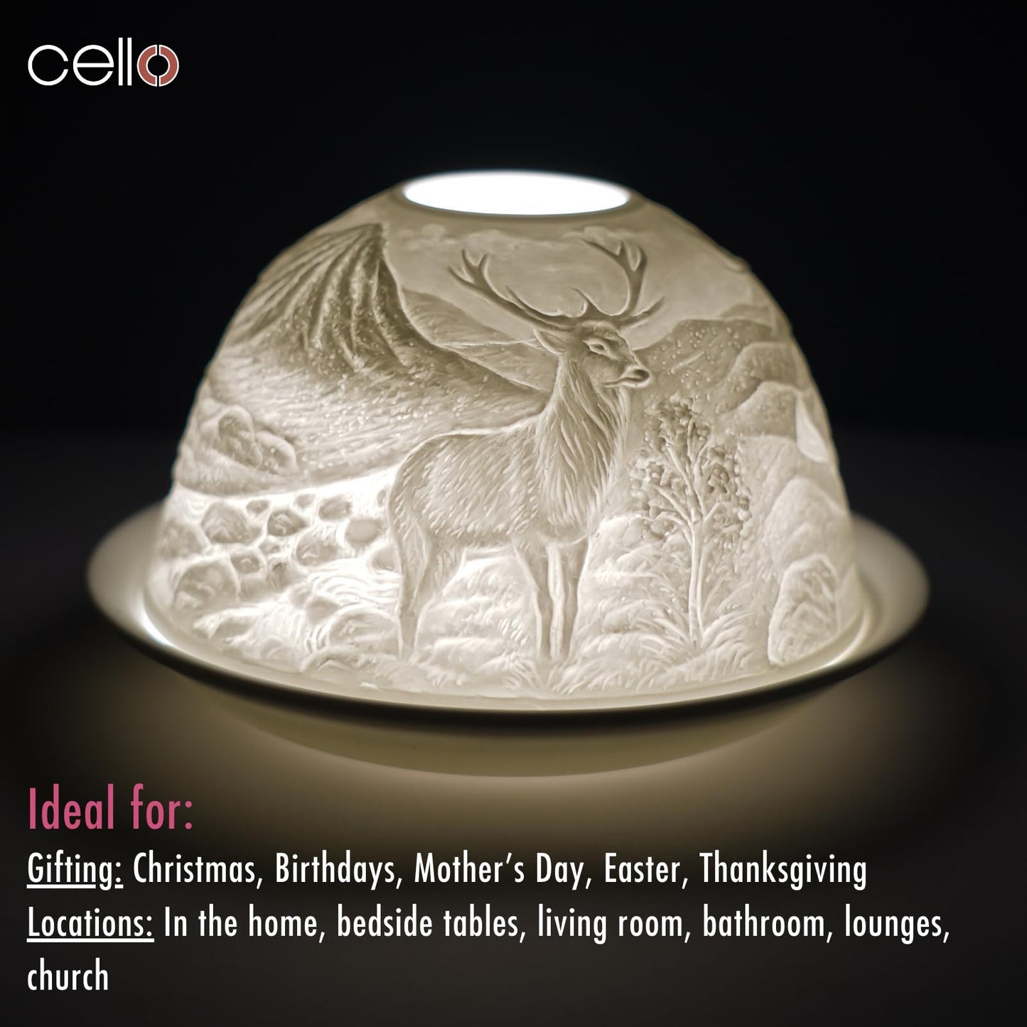 Cello Porcelain Tealight Holder Dome - Highland Stag Design with 3D Projection Image & Message Scented Unscented LED Candle Wax Warmer Animal Nature Deer Gifts Ornament Home Birthday Easter Present
