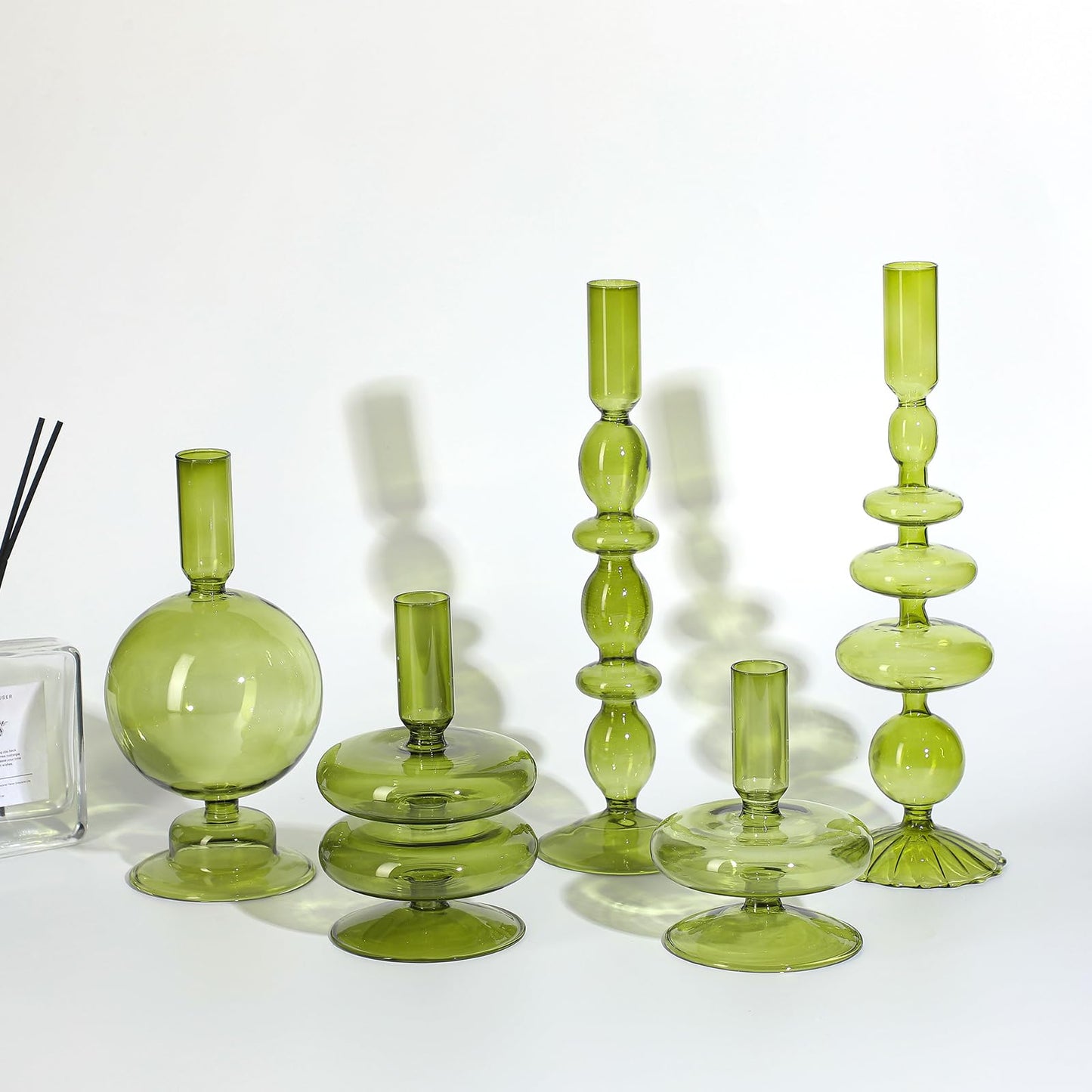 Rtteri 5 Pcs Glass Candlestick Holders Colorful Glass Taper Candle Stand Groovy Candlestick Wavy Boho Chic Clear Bases Holders Elegant Vase for Home Party Centerpiece(Green)