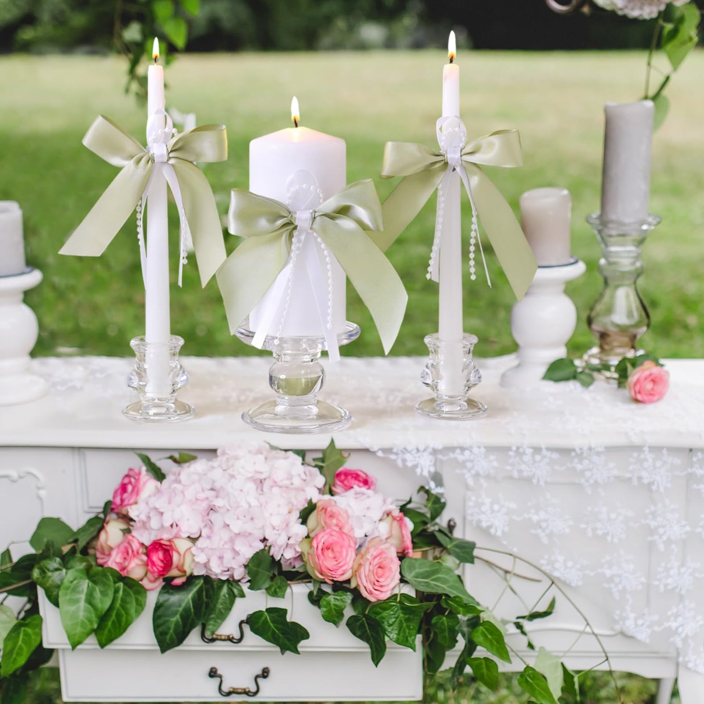 Conelist 3 Pcs Unity Candles for Wedding with Satin Bow and Glass Candle Holder Coquette Unity Pillar and Taper Candles Set Wedding Ceremony Reception Decor for Formal Events Church(Sage Green)