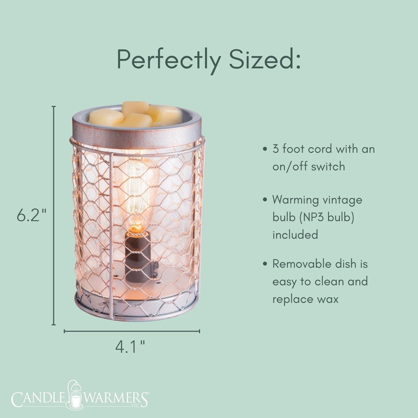 Candle Warmers Etc. Vintage Bulb Illumination Fragrance Warmer- Light-Up Warmer for Warming Scented Candle Wax Melts and Tarts to Freshen Room, Chicken Wire Silver