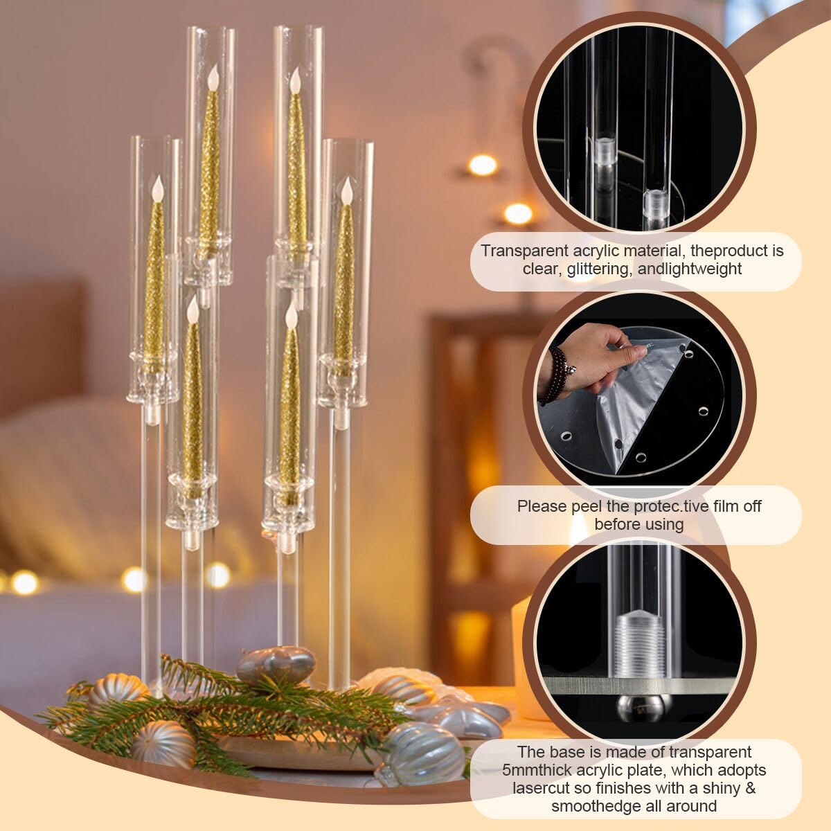 Acrylic Candelabra Centerpiece with 6 Adjustable Arms, Acrylic Candle Holder Round Base, Perfect for LED Candles, Elegant Home Decor,Wedding centerpieces for tab