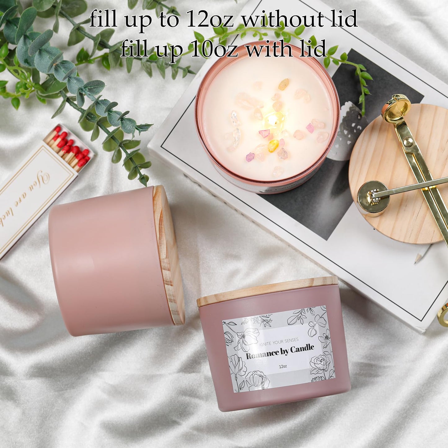 REISEN 6Pcs Assorted Pink Candle Jars for Making Candles, 12oz Empty Candle Jars with Bamboo Lids,Labels and 100g Crystal Rocks, Glass Jars for Candle Making Supplies, Candle Containers for DIY Gifts