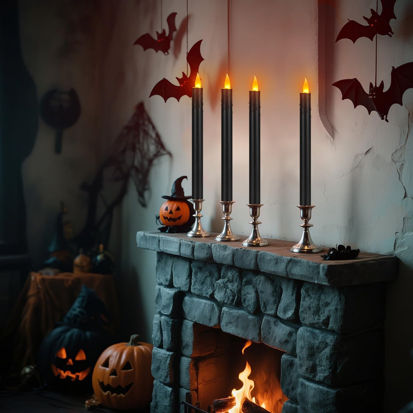wemarry 6 Pcs Black Flameless Taper Candles with Remote, 10" Tall Electric Led Candlesticks, Plastic Battery Operated Taper Candles for Halloween Dinner Party Wedding Birthday Home Décor(Black Drip)