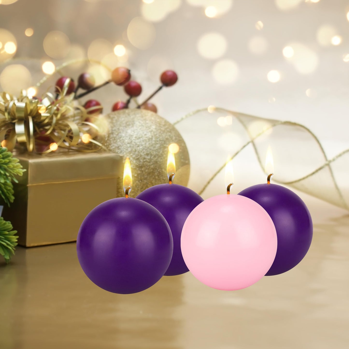 Mega Candles 4 pcs Unscented Christmas Advent Candles Set, Hand Poured Premium Wax Round Ball Candle 4 Inch Diameter, Holidays, Festivities, Devotional, Church, Wreath, Party, Gifts