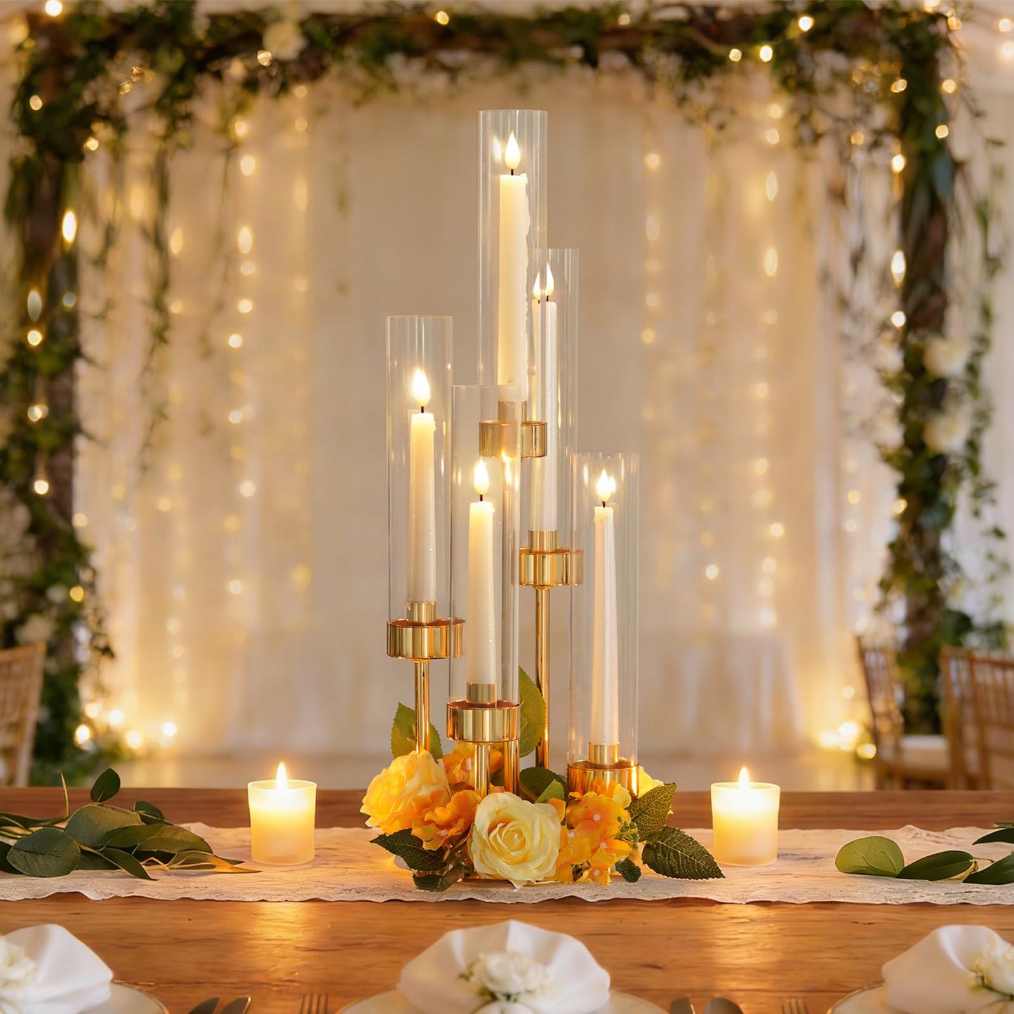 KEHAIL 5-Arm Black Metal Table Candelabra Centerpiece, 22" Tall Clear Candlesticks Holder with Shade for Valentines Day Events Party Table Centerpiece,Fit LED Candles (2, Gold, S-22 in)