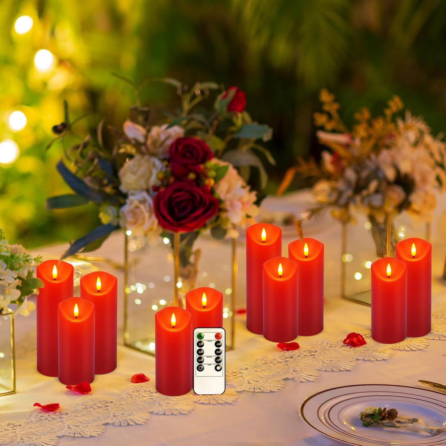 fclayvts 24 Pack Red LED Candles with Remote & Timer - Flameless Pillar Candles with 3D Flickering Flame, Battery Operated for Christmas Tree, Table Centerpieces, Party Decor