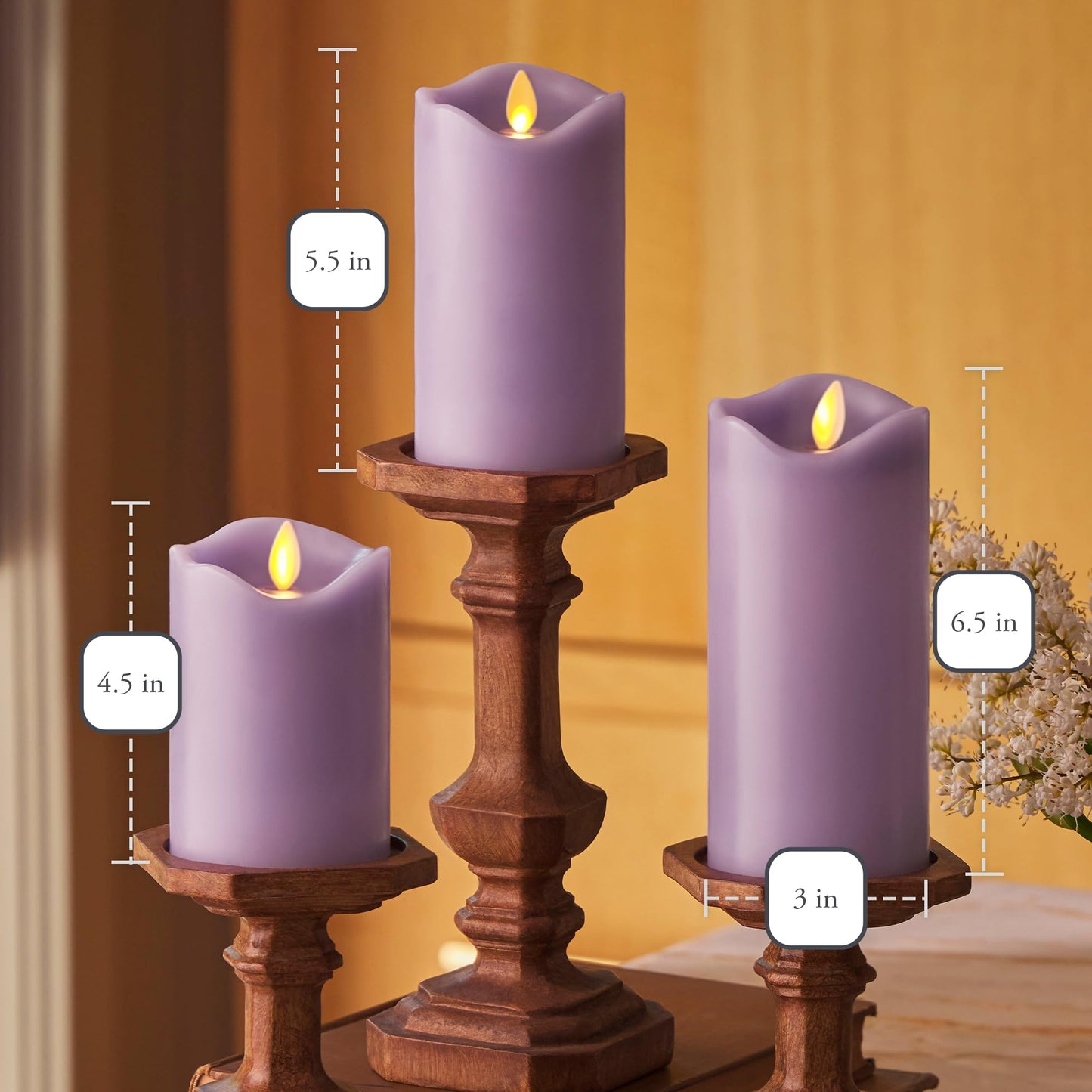 Matchless Candle Co. by Luminara - Flameless LED Battery Operated Flickering Pillar Candles - Pastel Purple - Set of 3 - Indoor Outdoor Decor Safe