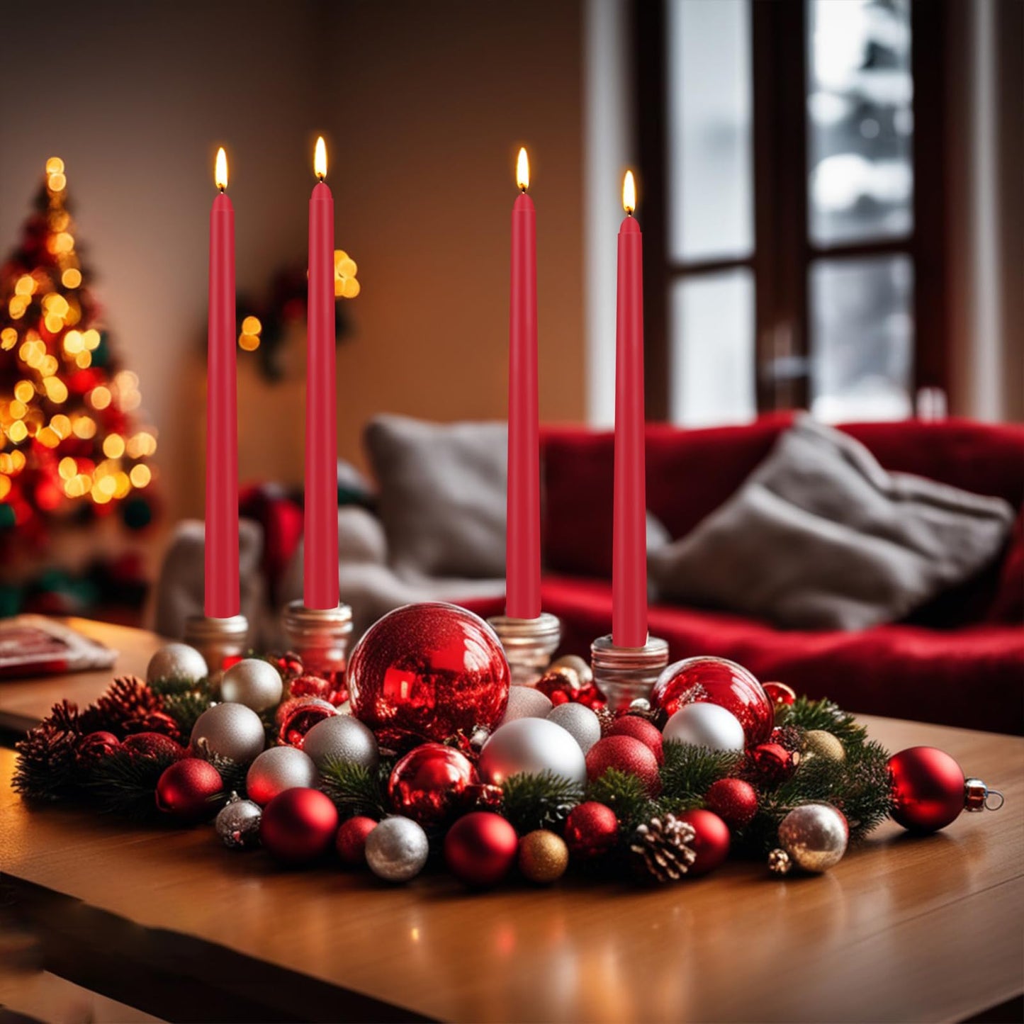 24 Pack Red Taper Candles, 10 Inch Classic Red for Valentine's Day Decor, 7-8 Hour Burn, Clean-Burning Unscented Bulk Candles for Holiday Dinner Table, Fireplace Mantel, Wedding Centerpiece