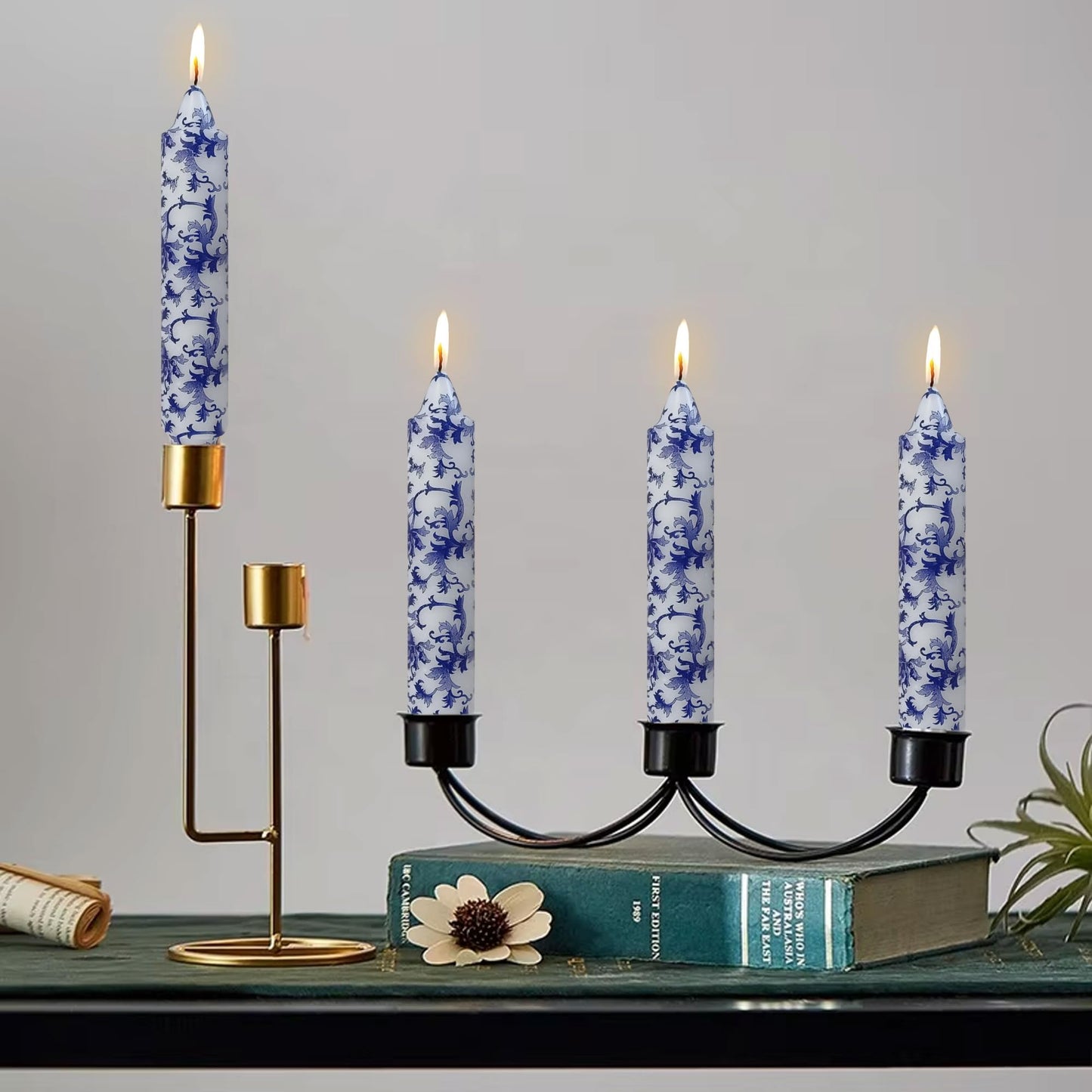 Floral Taper Candles 7inch Unscented Long Chinoiserie Candlesticks Marble Handmade Dripless Candle Sticks for Emergency, Wedding, Home Décor Festive Seasons Holiday 4pcs