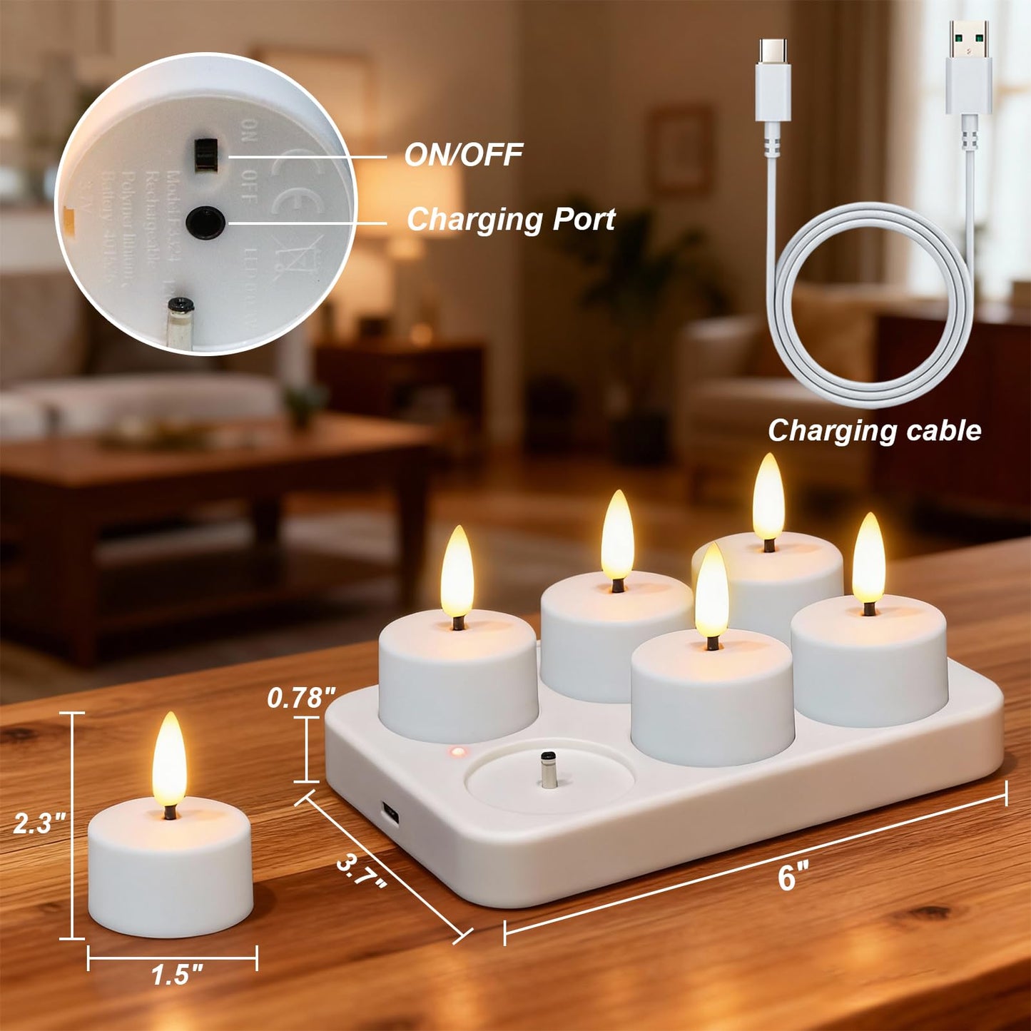 GenSwin Rechargeable Tea Lights Candles with Remote & Charging Base, 6 Pcs LED Tea Lights Candles Battery Operated, Flameless Timer Tealights for Wedding Christmas Halloween Decor (White, 1.57“x1.85”)