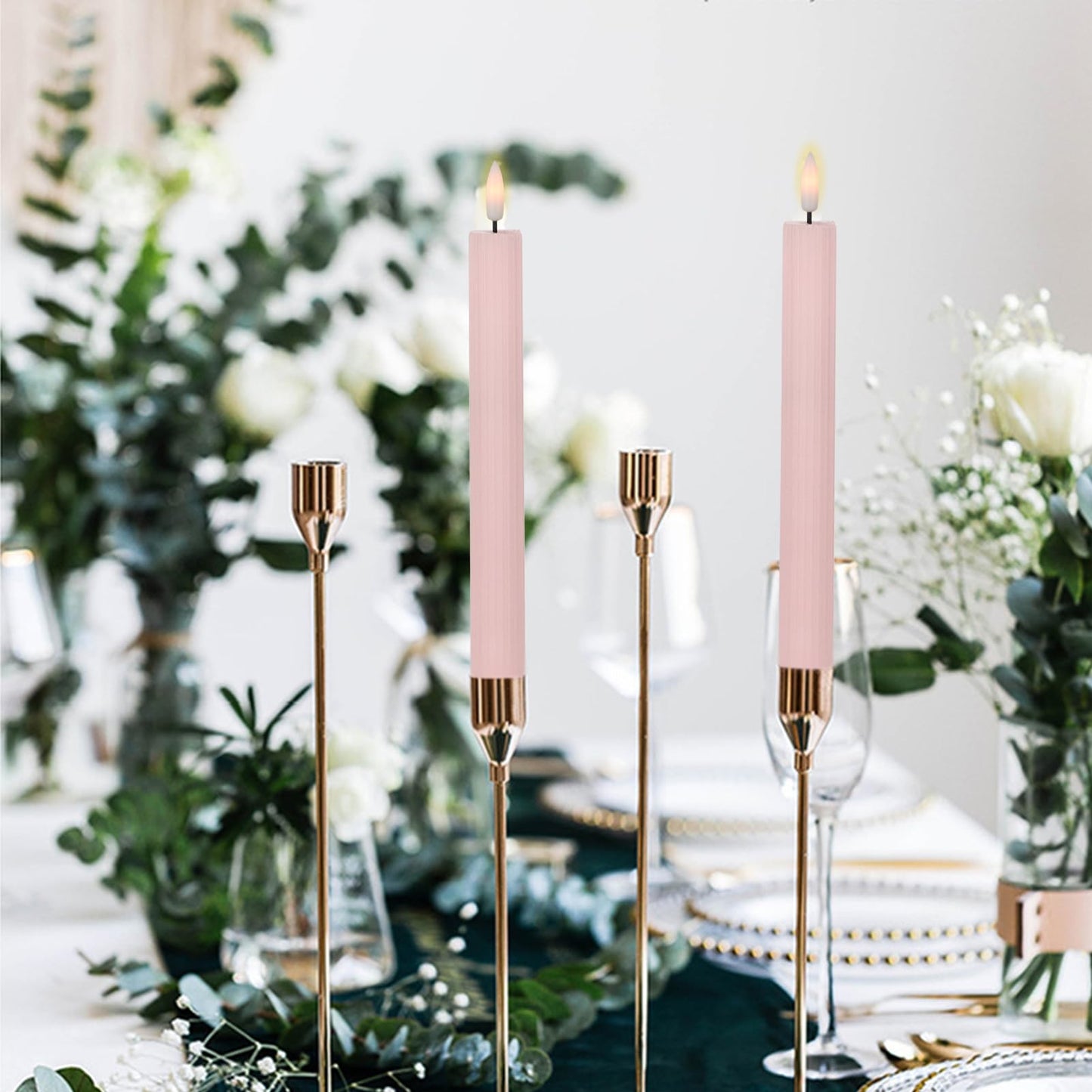 DRomance Pink Flameless Flickering Taper Candles Battery Operated with 10-Key Remote and Timer 6 Pack 3D Wick Vertical Stripe Real Wax LED Taper Candles Spring Dinner Holiday Decor(0.78" D x 9.64" H)