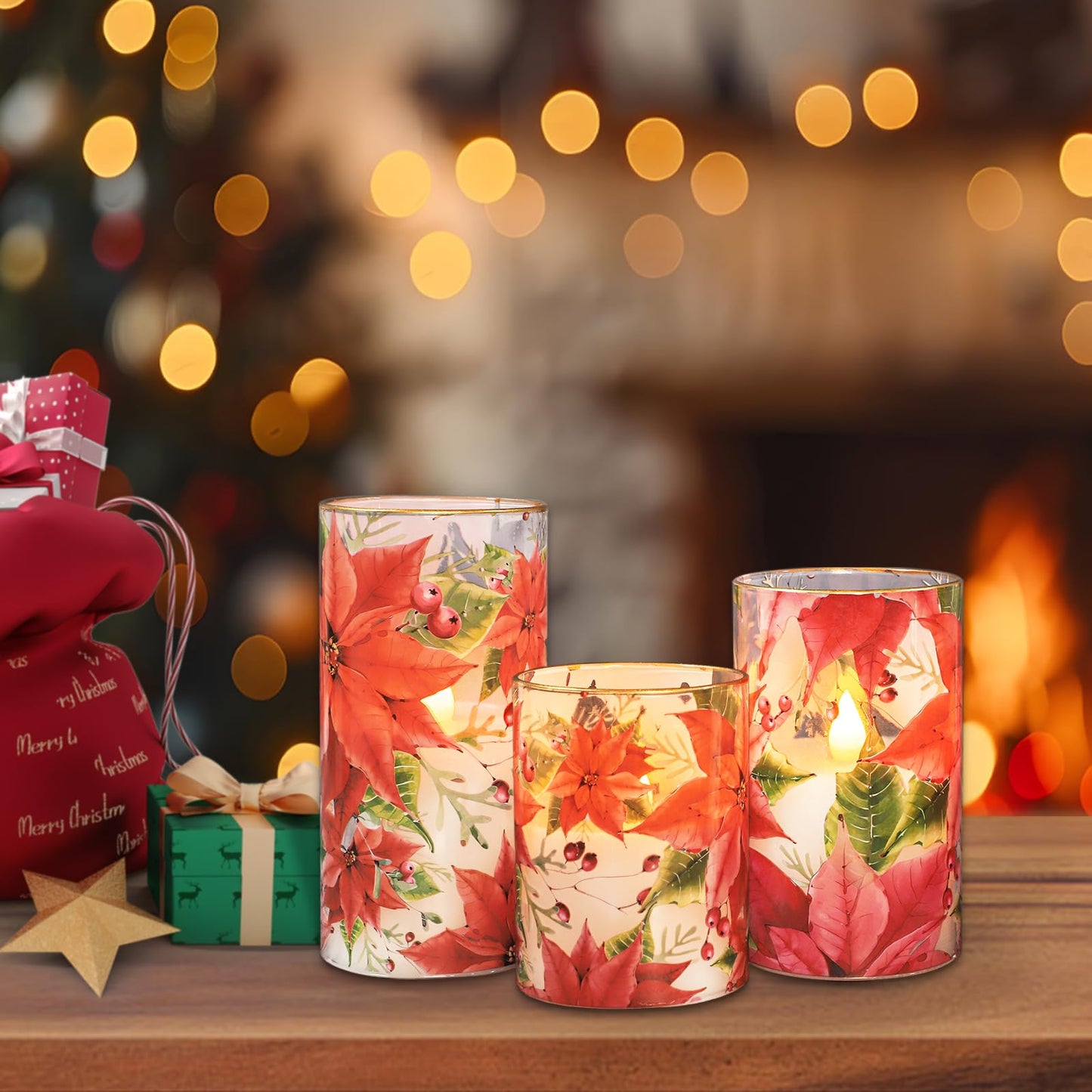 Crystal Club Red Poinsettia Christmas Flameless Candles with Remote, Battery Operated LED Pillar Candles, Real Wax & Glass 3D Flickering Flame Holiday Decor for Christmas, Mantel, Gift (Set of 3)