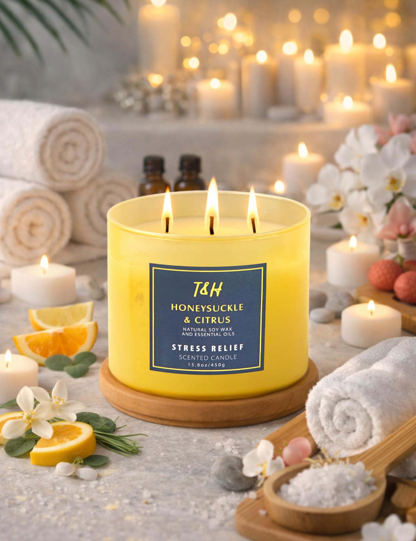 Honeysuckle Citrus 3-Wick Soy Candle | 15.8 oz Large Scented Candle for Home | Clean Burn Long Lasting | Fresh Floral Citrus Scent | Gift Ready