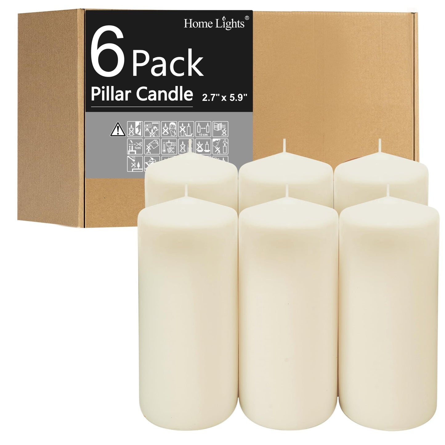 HomeLights Pillar Candles - 2.7x6 inch | 60 Hours Burning, 6 Count - White Unscented Smokeless European Pillar Candles - Perfect for Wedding, Parties, Spas, Home Gatherings and Dinner