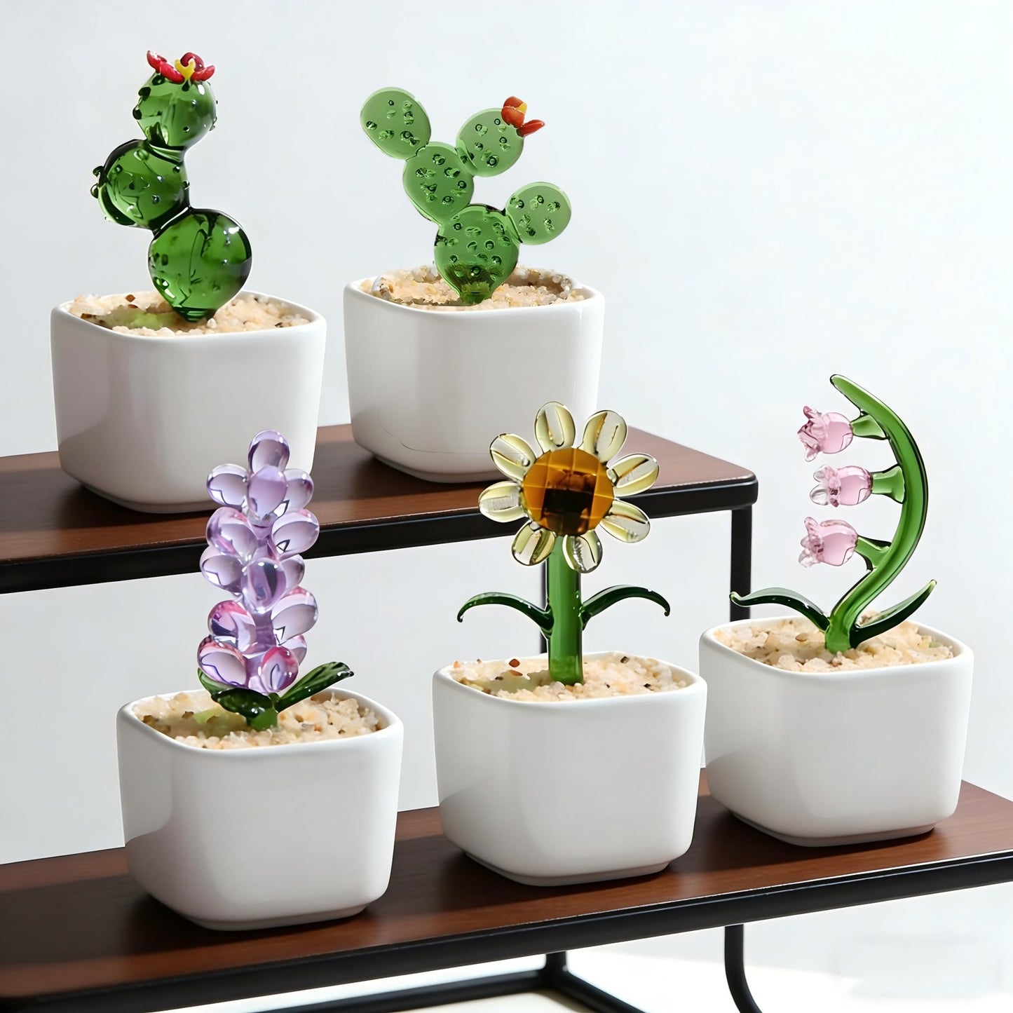 Glass Flowers Fake Cactus Decor,Cute Desk Decor for Women Office,Crystal Flowers in Vase for Desk Trinkets,Handmade Small Gifts for Women & Plant Lover Gifts