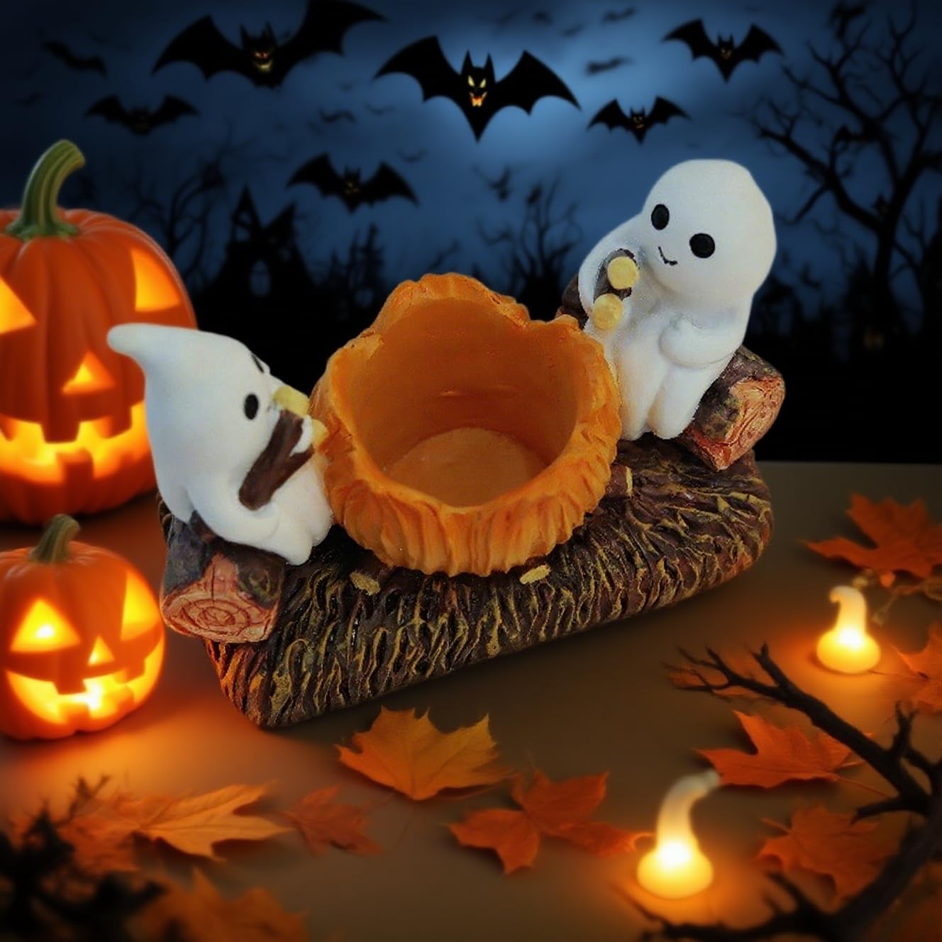 Halloween Candle Holder with Ghost Figurines -Indoor Seasonal Decor Base for Bowl Candles Party & Home Display