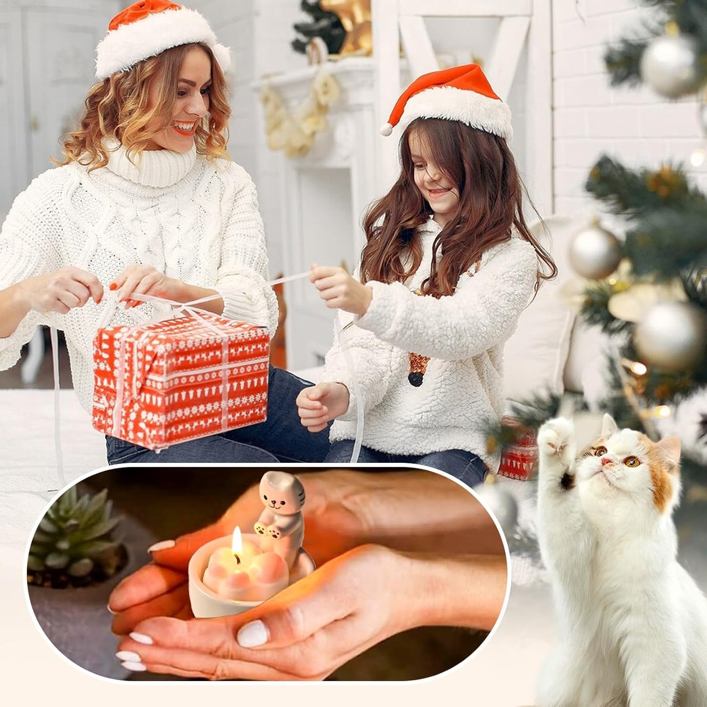 ProNature Kitten Candle Holder with 2 Cat Keychains, Ceramic Cat Mom Gifts, Cute Cat Home Decor Candlestick, Cat Lover Gifts for Women, White(Candle not Included