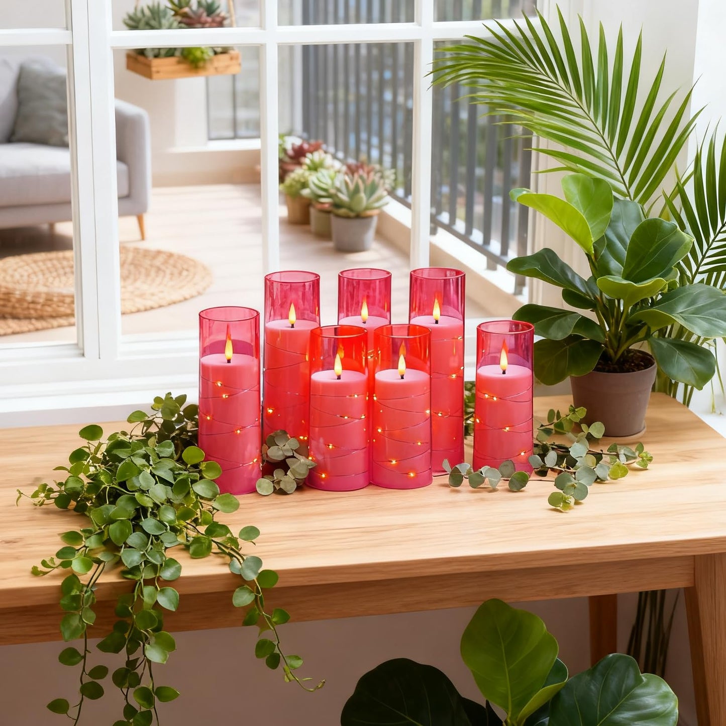 Flameless Candles,with Embedded Star String, Battery Operated Candles Flickering LED Pillar Candles with Remote Control and Timer, Home Decoration Add a Warm and Romantic Atmosphere,Set of 7 (Pink)