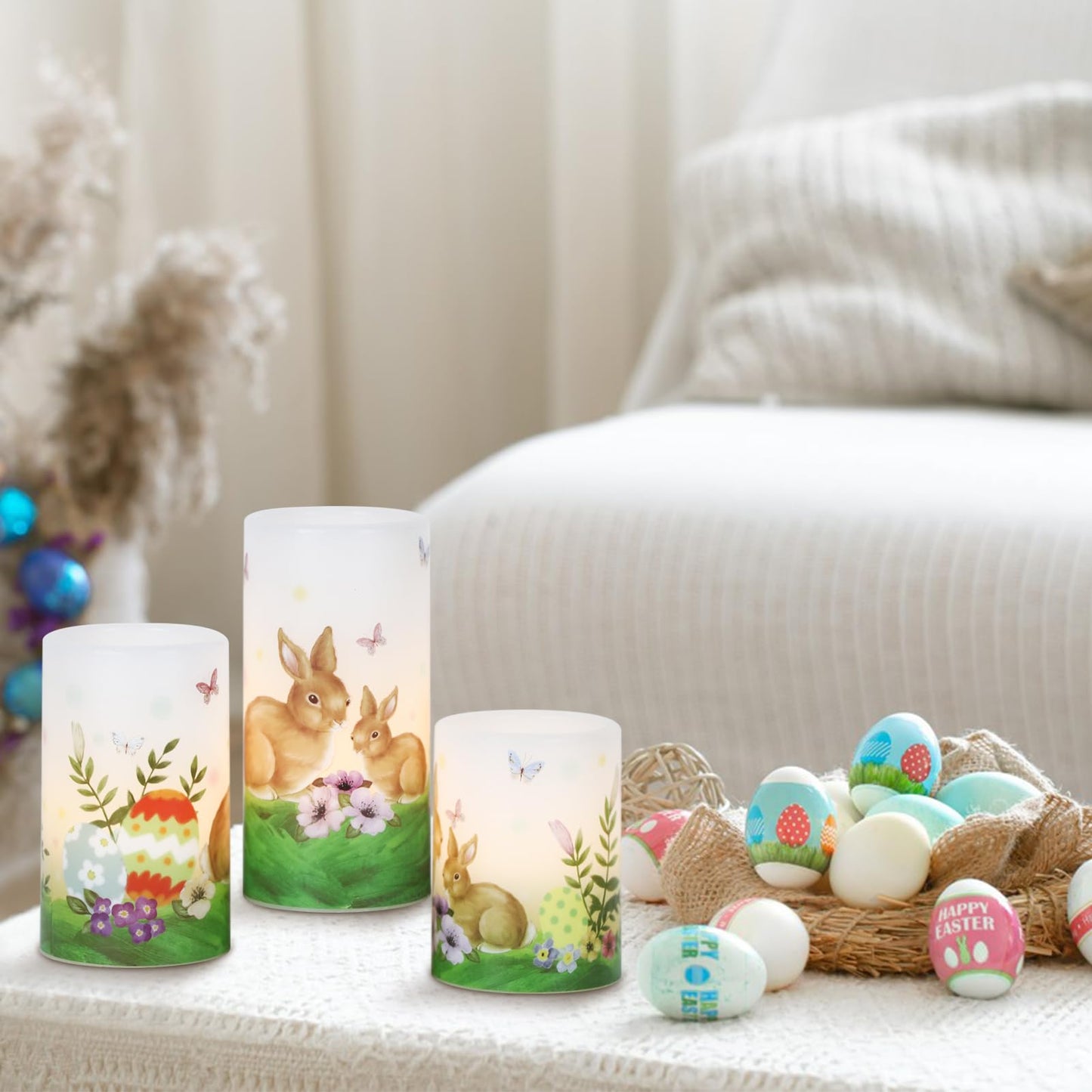DRomance Easter Bunny Flameless Flickering Candles with 6 Hour Timer, Battery Operated Real Wax White LED Pillar Candles Warm Light Dinner Table Home Decor(3 x 4,5,6 Inches)