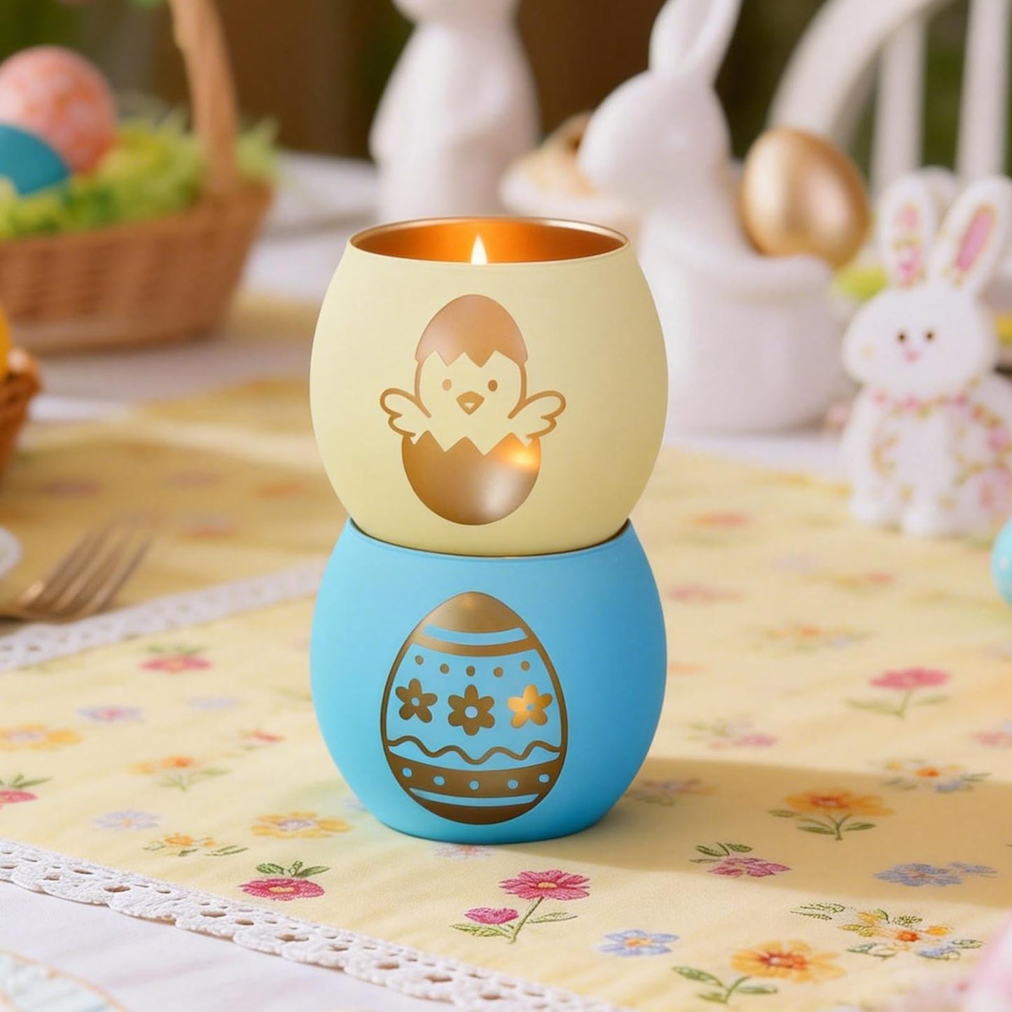 Easter Glass Candle Holders Set of 4, Pastel Tealight Holders with Gold Bunny, Chick & Egg Designs, Decorative Votive Candle Holders for Easter Table Centerpiece, Spring Home Decor & Gifts