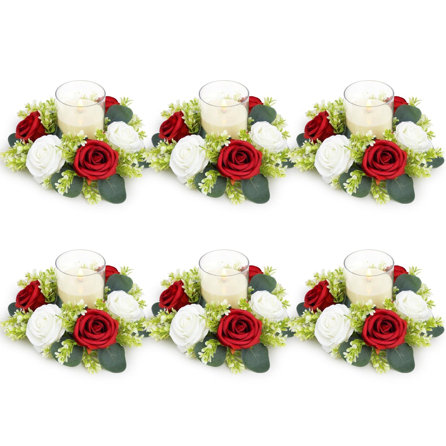 Acmee Crimson Rose Candle Rings with Flameless Candles Sets - 12PCS Artificial Flower Eucalyptus Wedding Centerpiece 3 Inch Pillar Candleholders Wreaths for Wedding Party Decor (Crimson - 6 Sets)