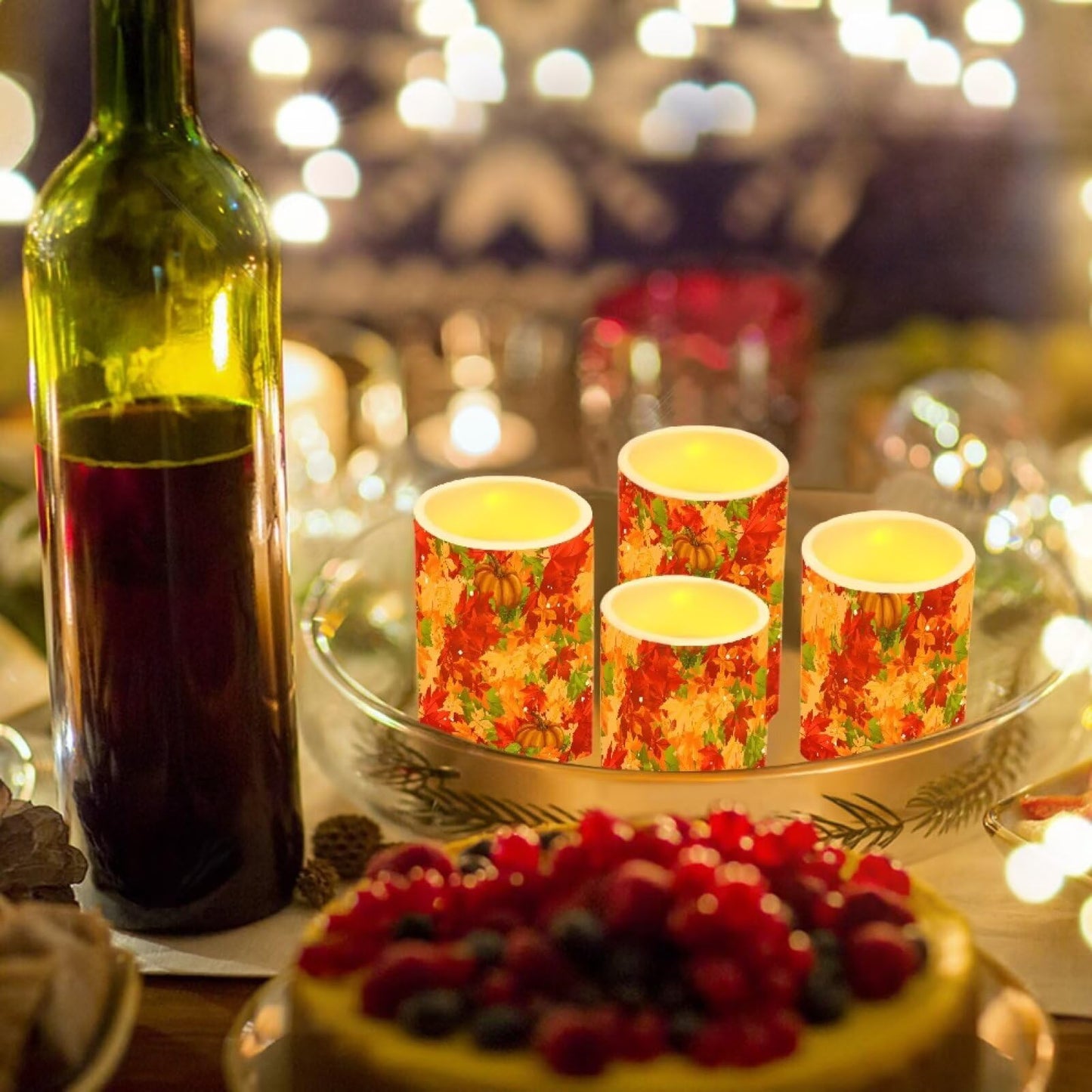 NEITLGEN 4 Packs Flameless Candles with Timer Remote, Flickering Battery Operated LED Pillar Candles Fall Maple Leaf Print for Thanksgiving Day Decor