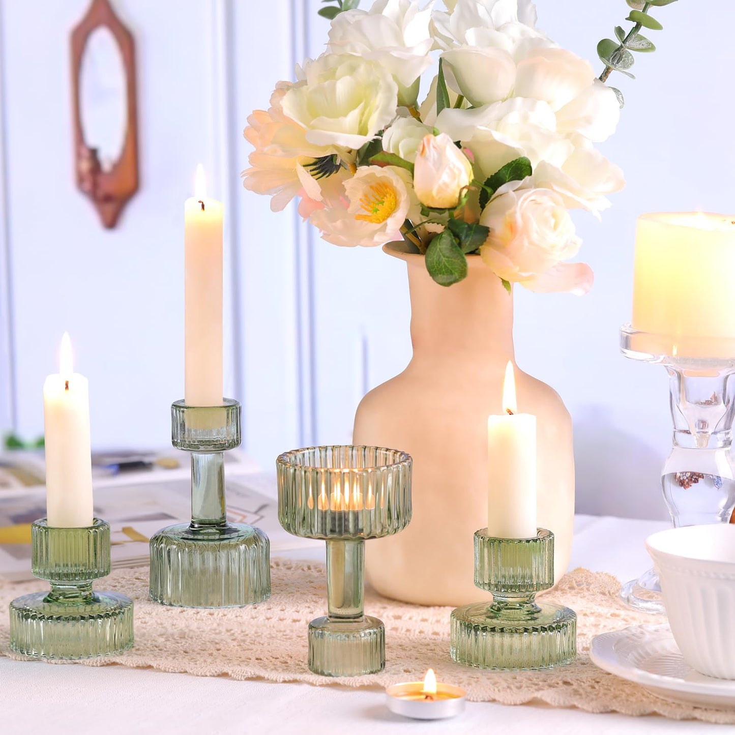 Lanttu Green Glass Taper Candle Holders Set of 6 Candlestick Holders Bulk Combination Candle Holders Crystal Candle Holders for Wedding, Table Centerpiece, Home Decoration
