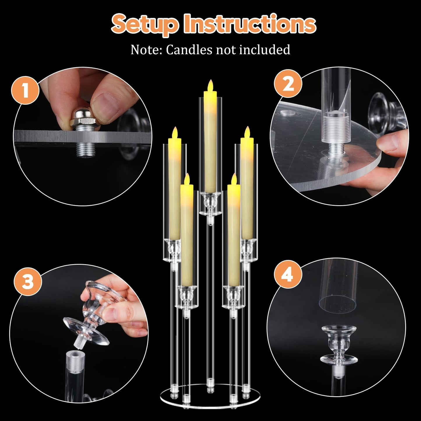 4 Sets 5 Arms Acrylic Candelabra Centerpieces for Tables,Clear Candle Holder for Wedding,Ceremony Dinner Party, 27" Tall Candlestick Holders with Lampshade,Fit LED Candle