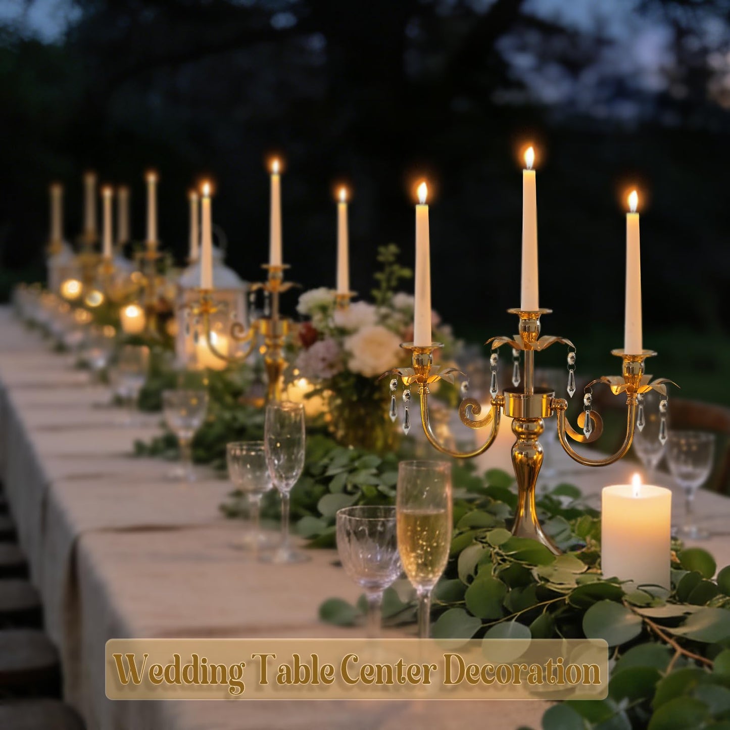 KEHAIL Metal 3 Arm Gold Candelabra with Crystal Pendants - 11.8 Inch Tall Candle Holders, Set of 6 - Elegant Taper Candlestick Stand for Wedding, Dining Table, Party Home Decoration
