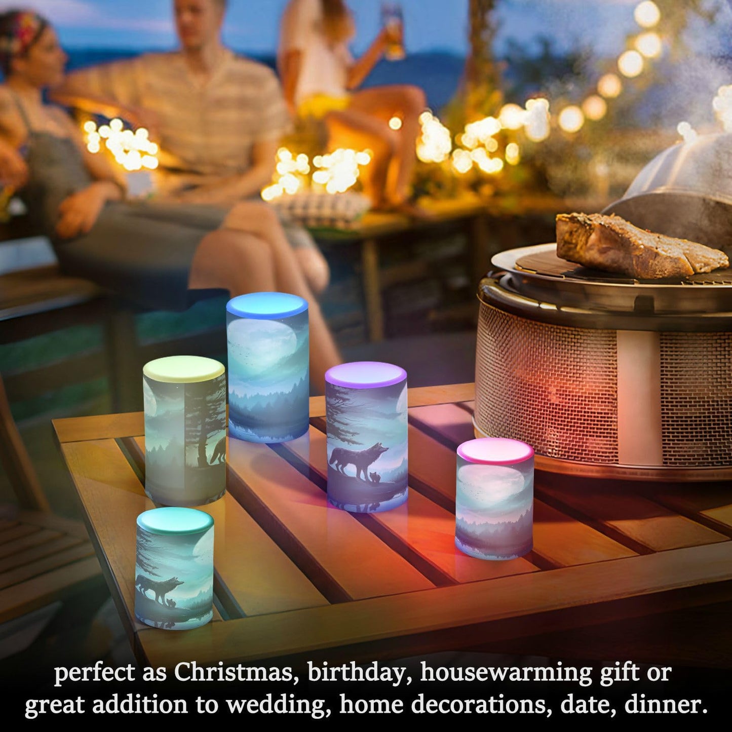 Blueangle Set of 2 Evening Moon Wolf Flameless Candles Battery Operated Flickering Pillar LED Plastics Candle Set with Remote Control Timer for Decorations