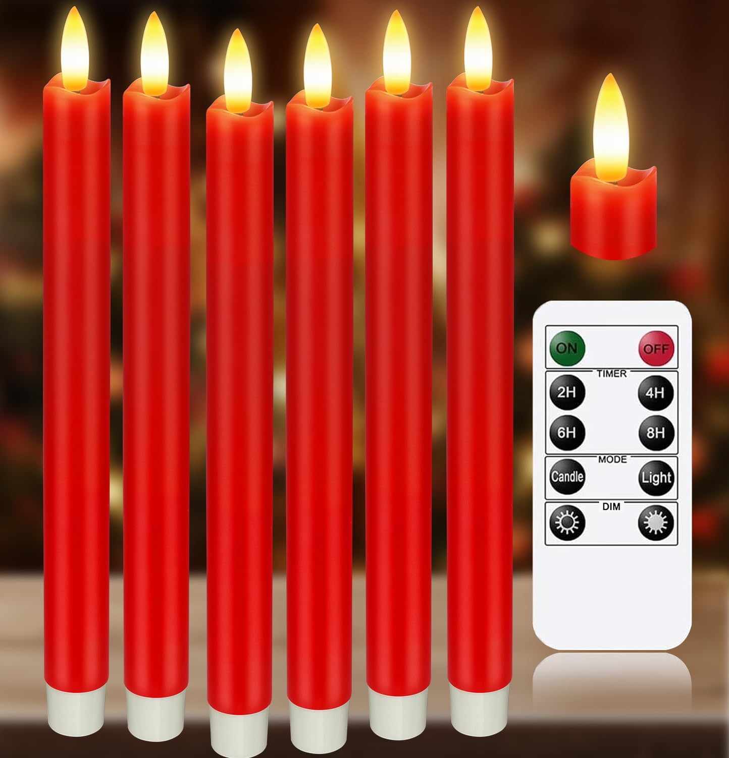 KSWING Upgraded Real Wax LED Flameless Red Taper Candles with Remote, 6 PCS Candlesticks Battery Operated 3D Flickering - 9.6" Long Realistic Fake Candle Sticks for Home/Wedding/Fireplace Xmas Decor