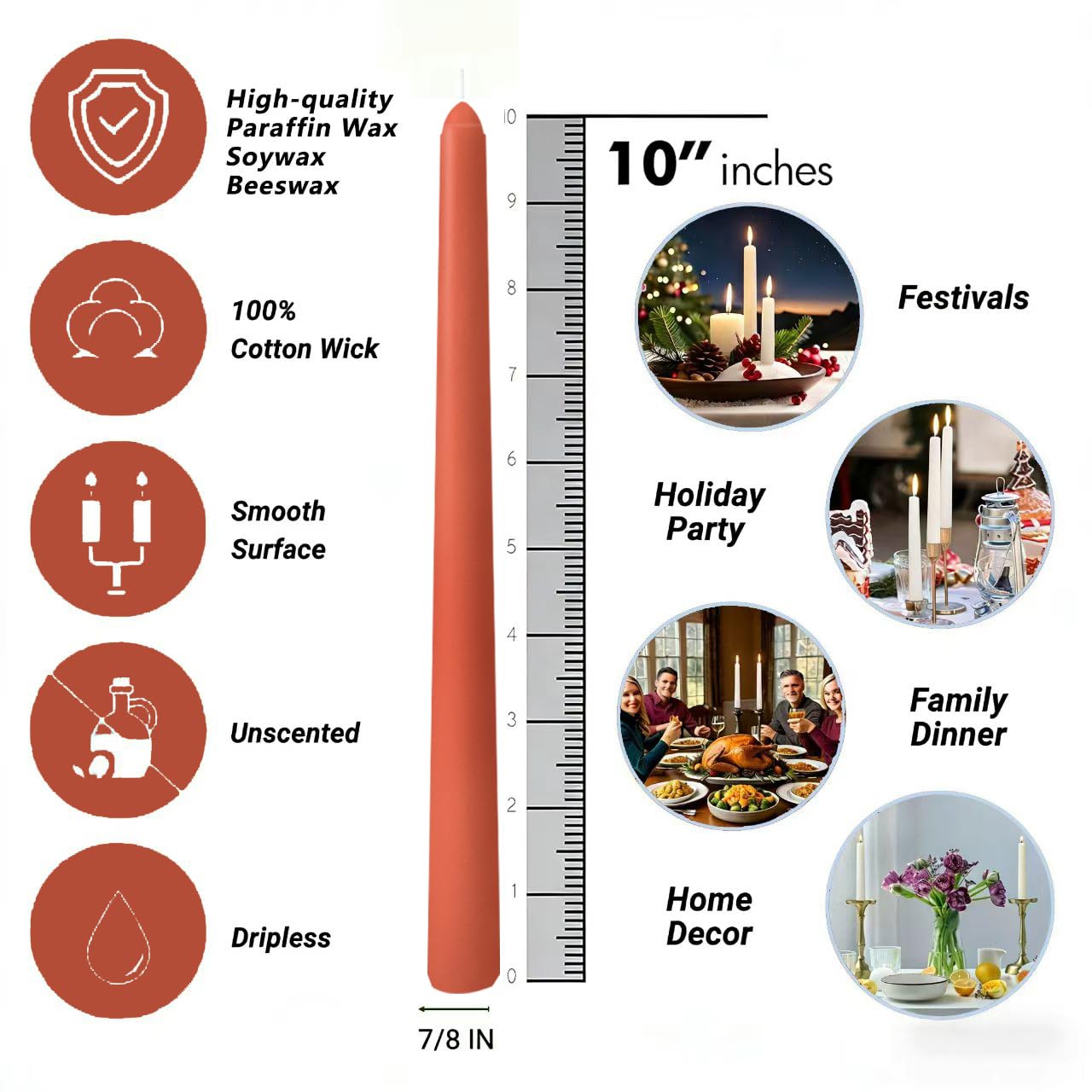 20-Pack Burnt Orange Taper Candles Unscented, 10 Inch Tall Dinner Table Candlesticks for Halloween Fall Wedding Centerpieces, Bulk Tapered Candles Smokeless Dripless, Decorative Candle for Home Decor