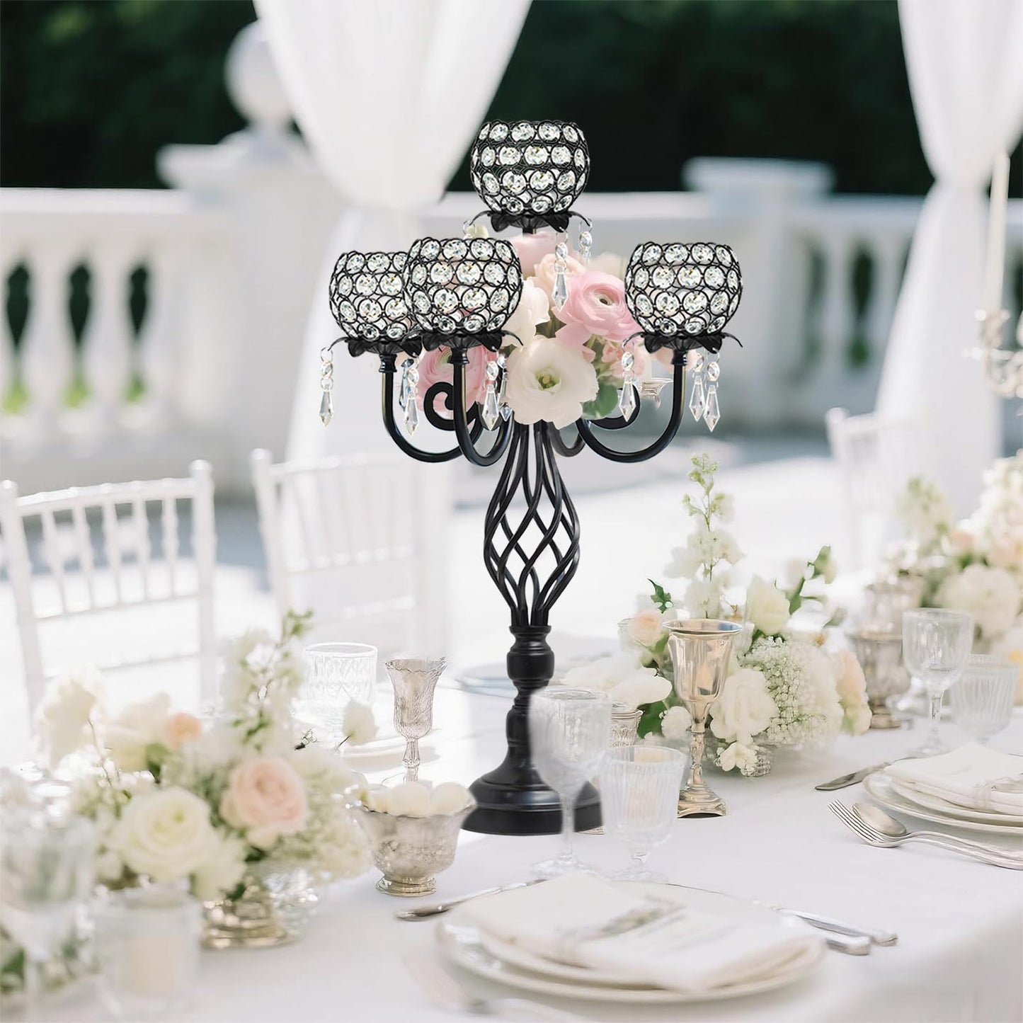 Kehail 5-Arm Crystal Candelabra Centerpiece 23.2" Tall - Elegant Candle Holder Stand with Crystal Bowl, Chic Table Decor for Weddings, Parties, Anniversary & Home Decoration (4, Black)