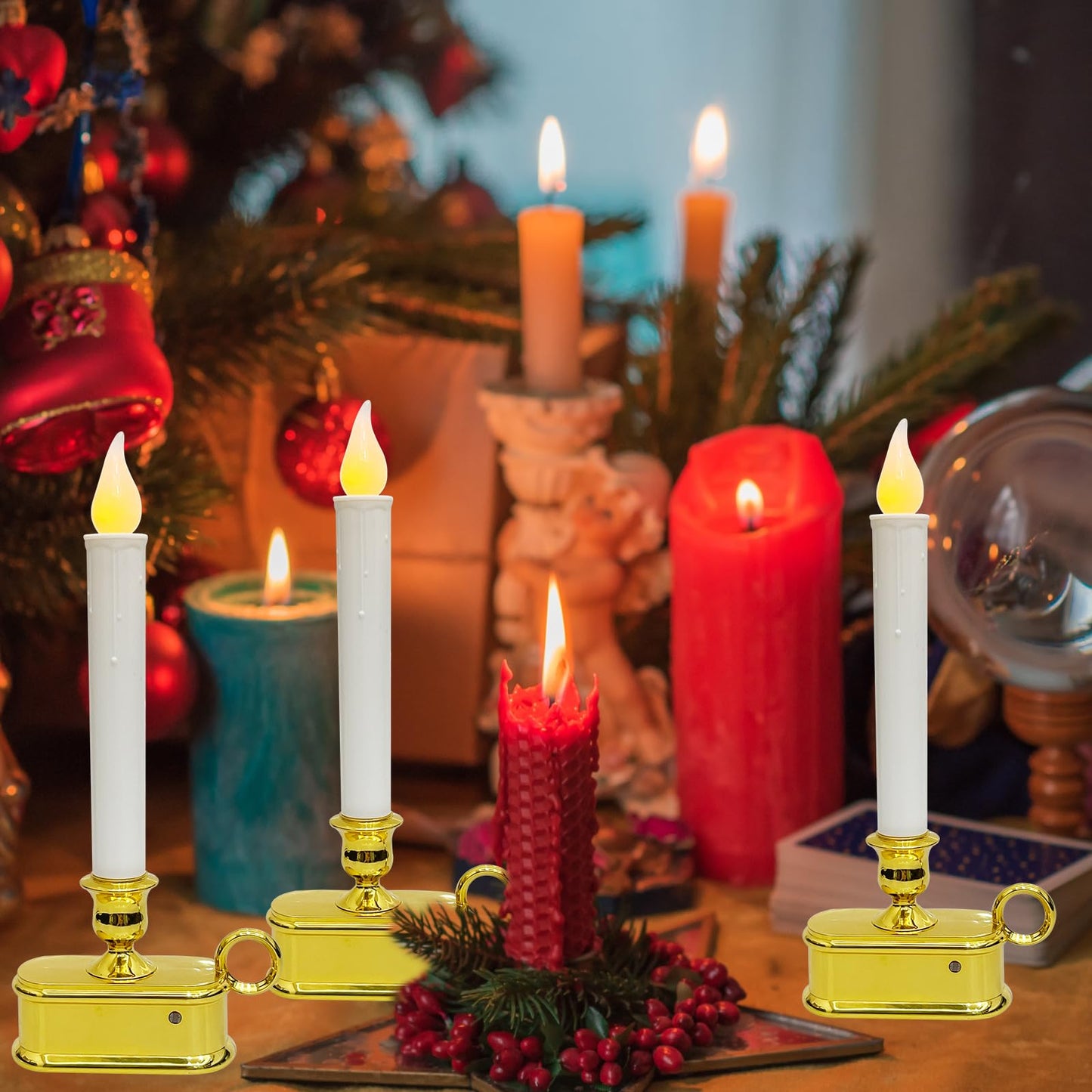 Set of 4 Battery Operated LED Window Candles with Dusk to Dawn Sensor, Flicker Flame Christmas Candles with Gold Base, 10 Inch Flameless Taper Candle Lights for Table Window Bedroom Christmas Decor