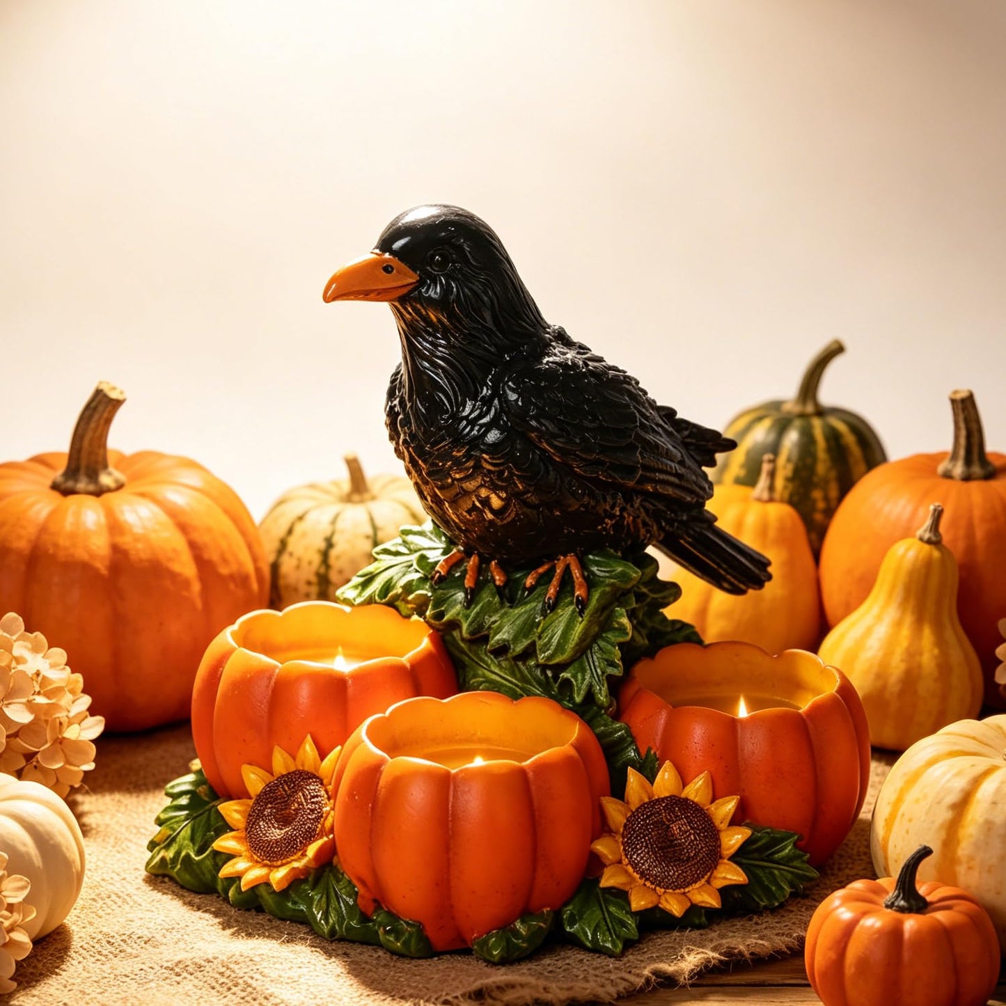 Halloween Raven Candle Holder Resin Black Crow Figurine with 3 Pumpkin Tealight Holders & Sunflower, Halloween Table Decorations for Fall Harvest Centerpiece and Thanksgiving