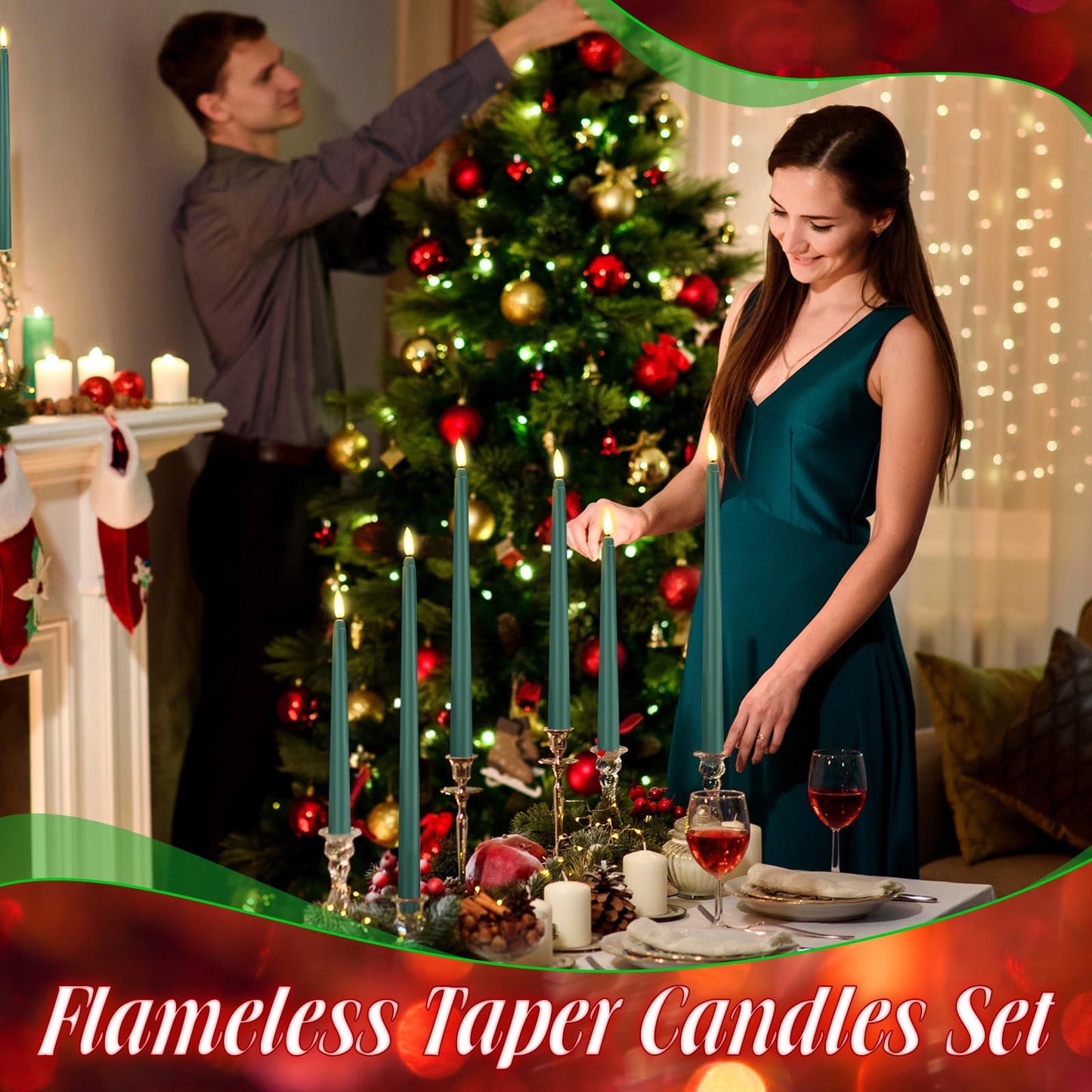 Rossesay 24 Pcs Flameless LED Taper Candles Battery Operated Candle 8.5", 9.65", 10.8", 12.8" Flameless Candlesticks Flickering for Christmas Church Wedding Indoor Decoration(Classic, Green)