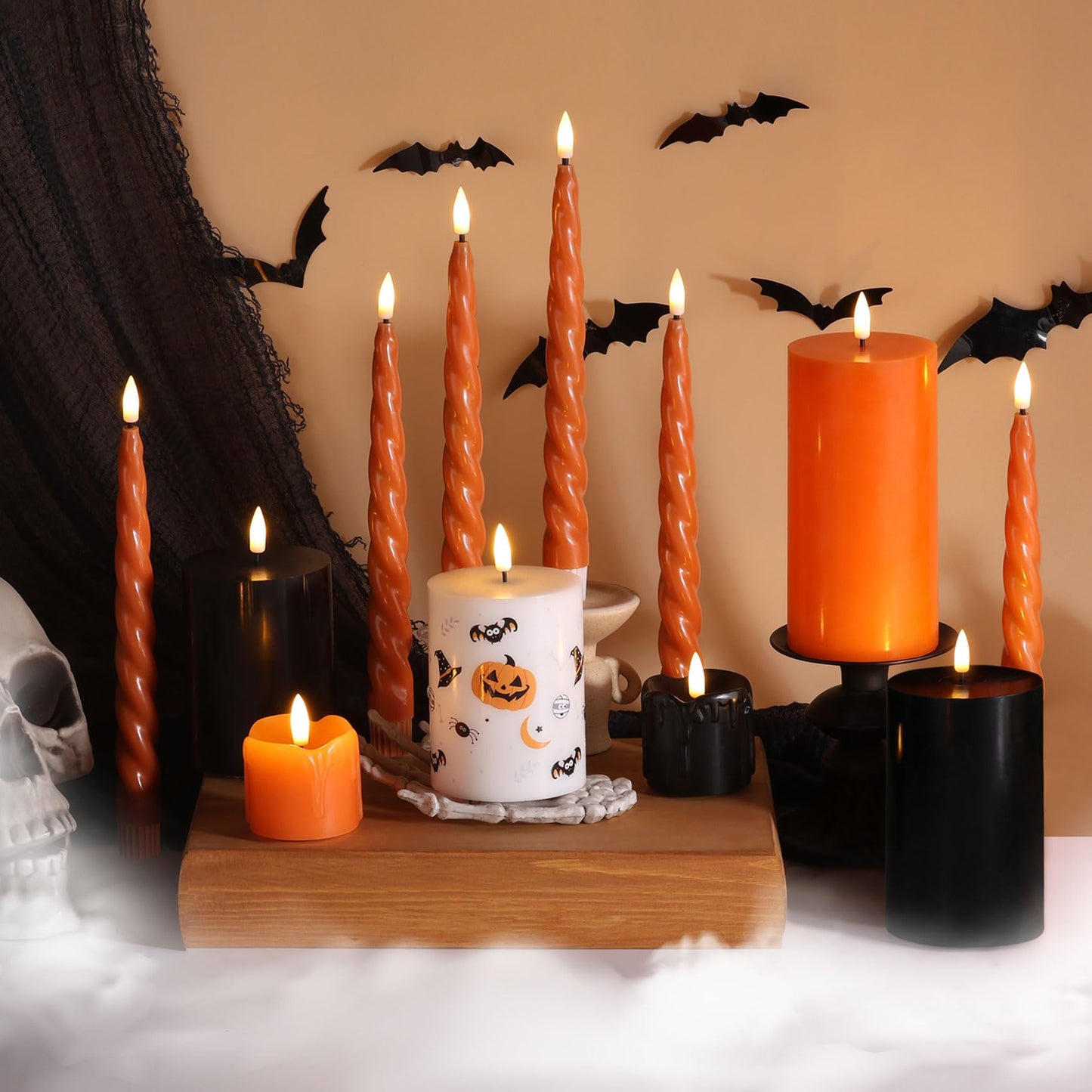Girimax Orange Flameless Taper Candles with Remote, Spiral Candles Battery Operated, Flickering LED Candlesticks Set of 6