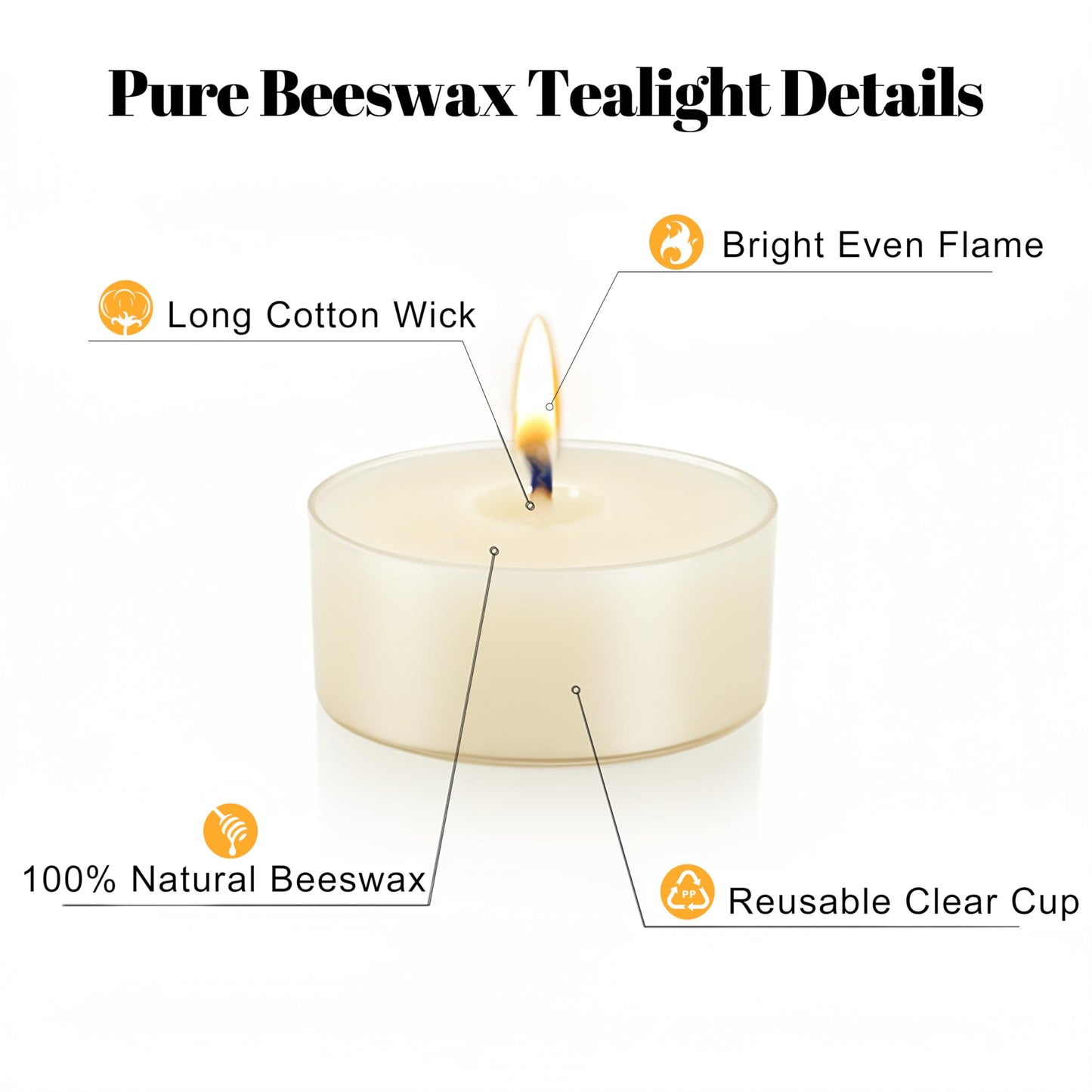48 Pcs Natural Beeswax Tealight Candles White, Pure Beeswax Tea Candles in Clear Cup, Organic Ivory Small Tea Light Candles with 4 Hours Clean Burn Time, Soy, Paraffin, & Fragrance Free
