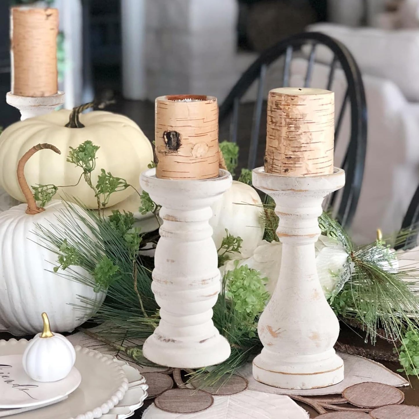 CedarLux Rustic Pillar Candle Holder, 8.5 Inch Tall White Wooden Candlestick Holders, Farmhouse Candle Stands for Pillar Candle, Decorative Wood Candlestick Holders for Living Room, Table Centerpiece