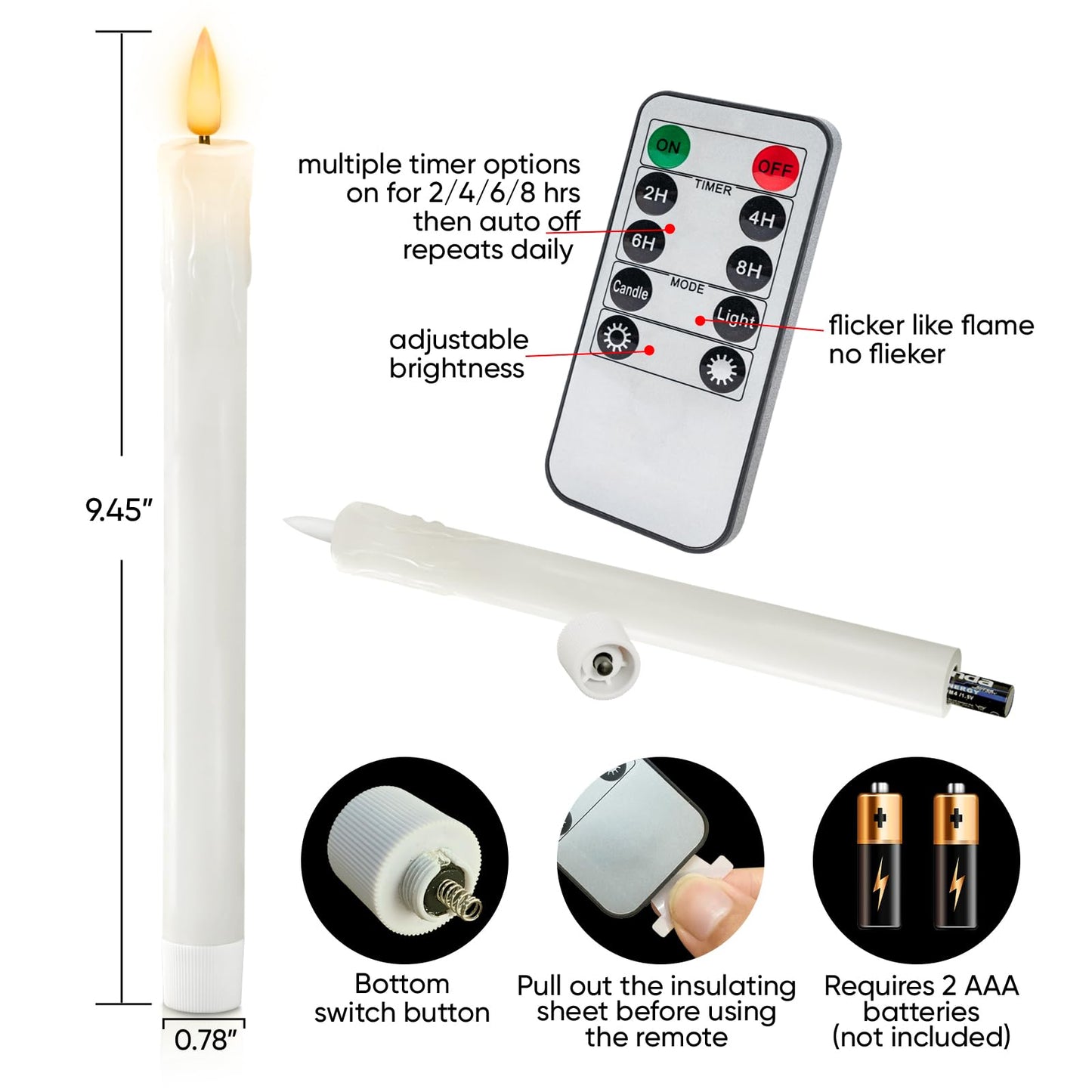 Homemory 6 PCS Real Wax Flameless Taper Candles with Remote, Flickering LED Candlesticks with Timer Dimmer, Fake Candles for Xmas Wedding Celebration Decor, White, 9.6 Inches