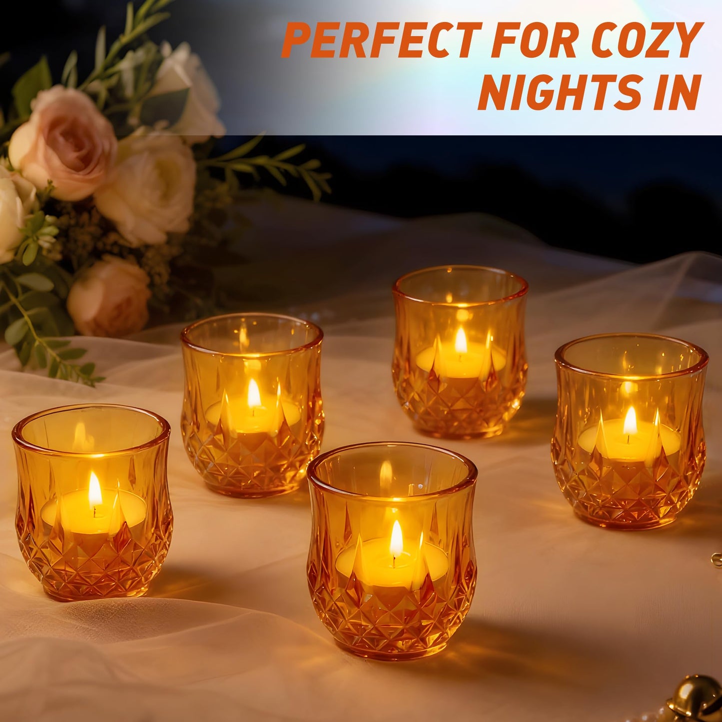 12 Pcs Votive Candle Holders, Amber Glass Tea Lights Candle Holder in Bulk for Table Centerpiece, Tealight Candle Holders for Wedding, Party, Home, Bridal Shower, Birthday