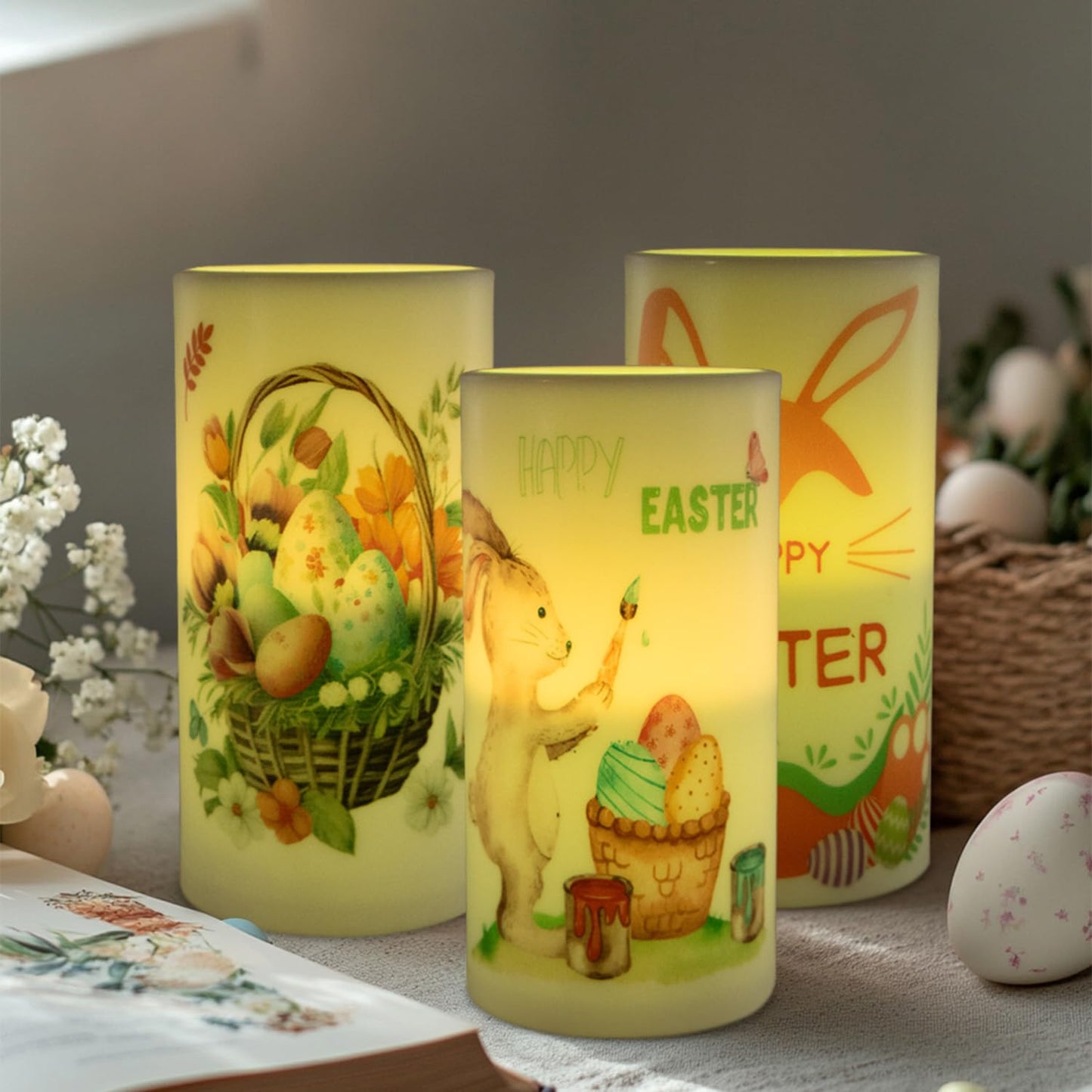 Aulaygo 3PCS Easter Flameless Candles with Remote Control,Happy Easter Bunny Flower Rabbit Spring LED Candle Battery Operated for Easter Theme Party Home Decor,Mother's Day Decor